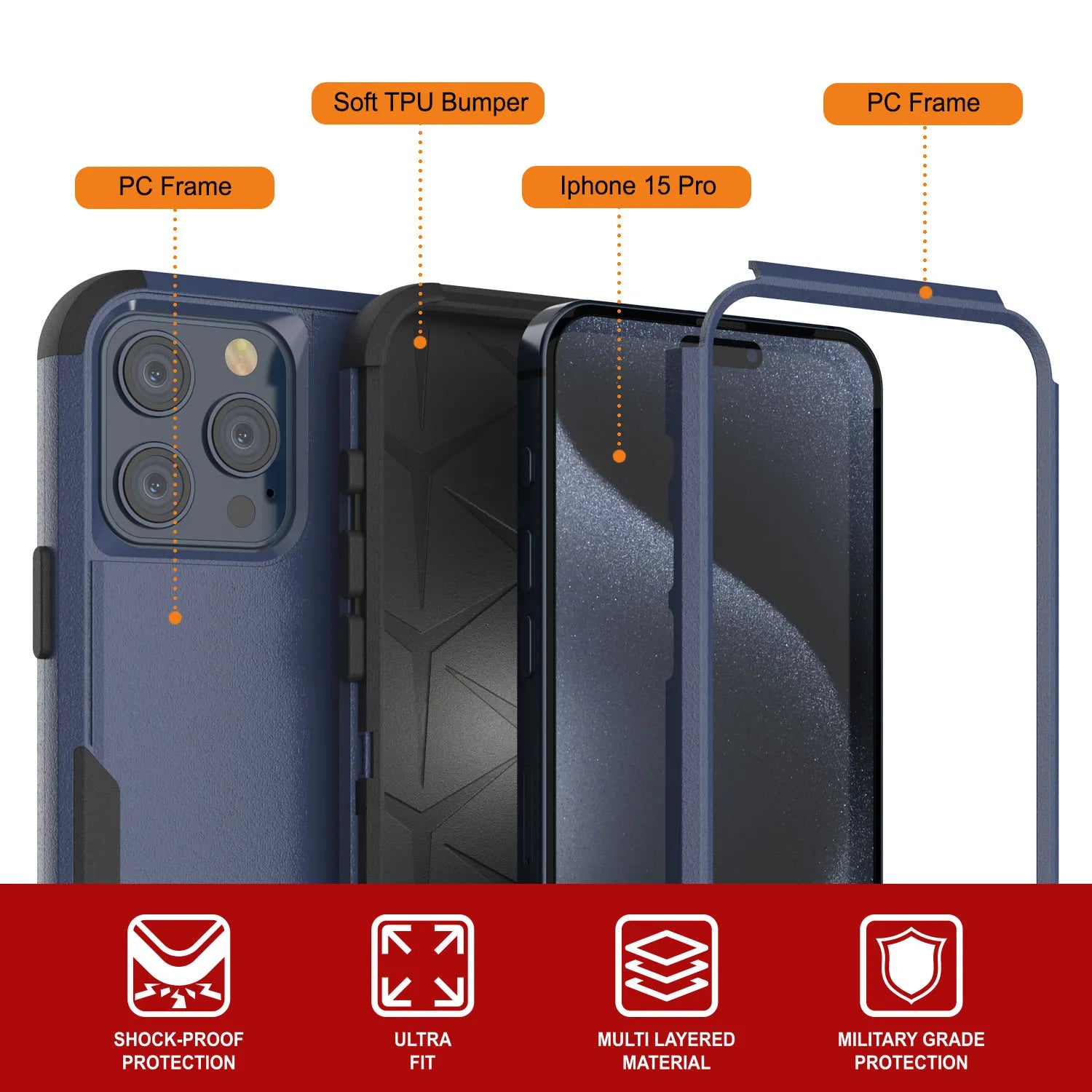 Punkcase for iPhone 15 Pro Belt Clip Multilayer Holster Case [Patron Series] [Navy Black]