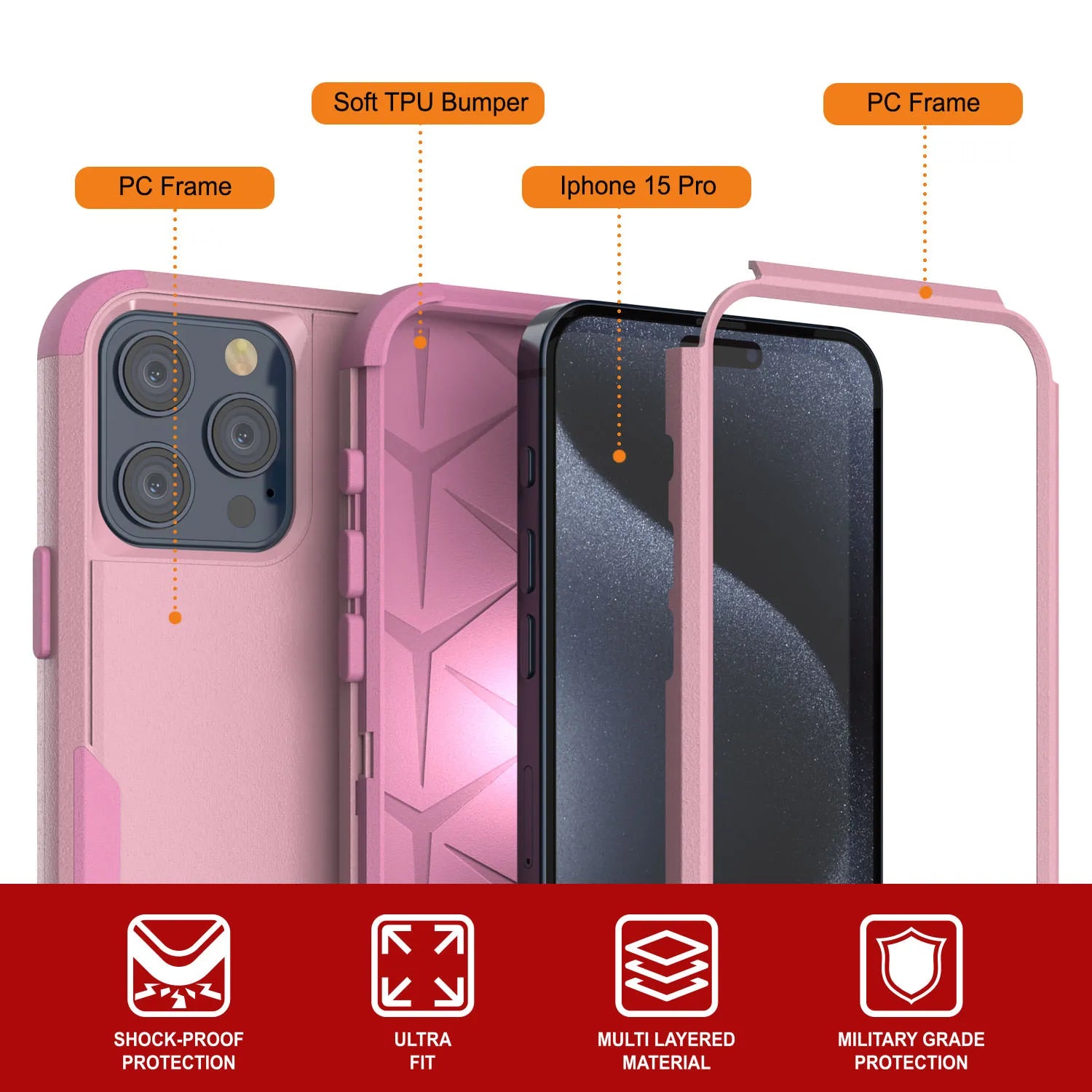 Punkcase for iPhone 15 Pro Belt Clip Multilayer Holster Case [Patron Series] [Pink]