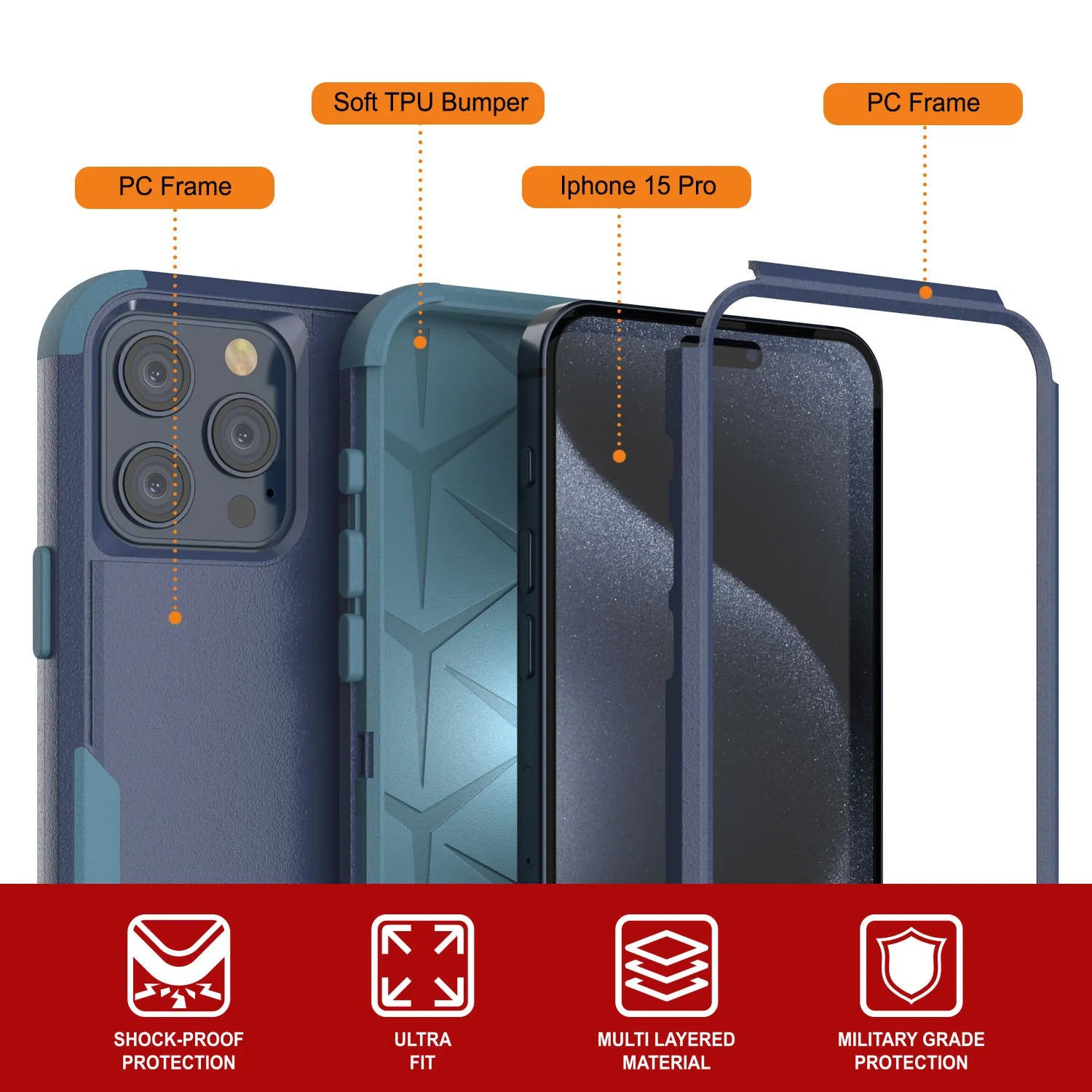 Punkcase for iPhone 15 Pro Belt Clip Multilayer Holster Case [Patron Series] [Navy Blue]