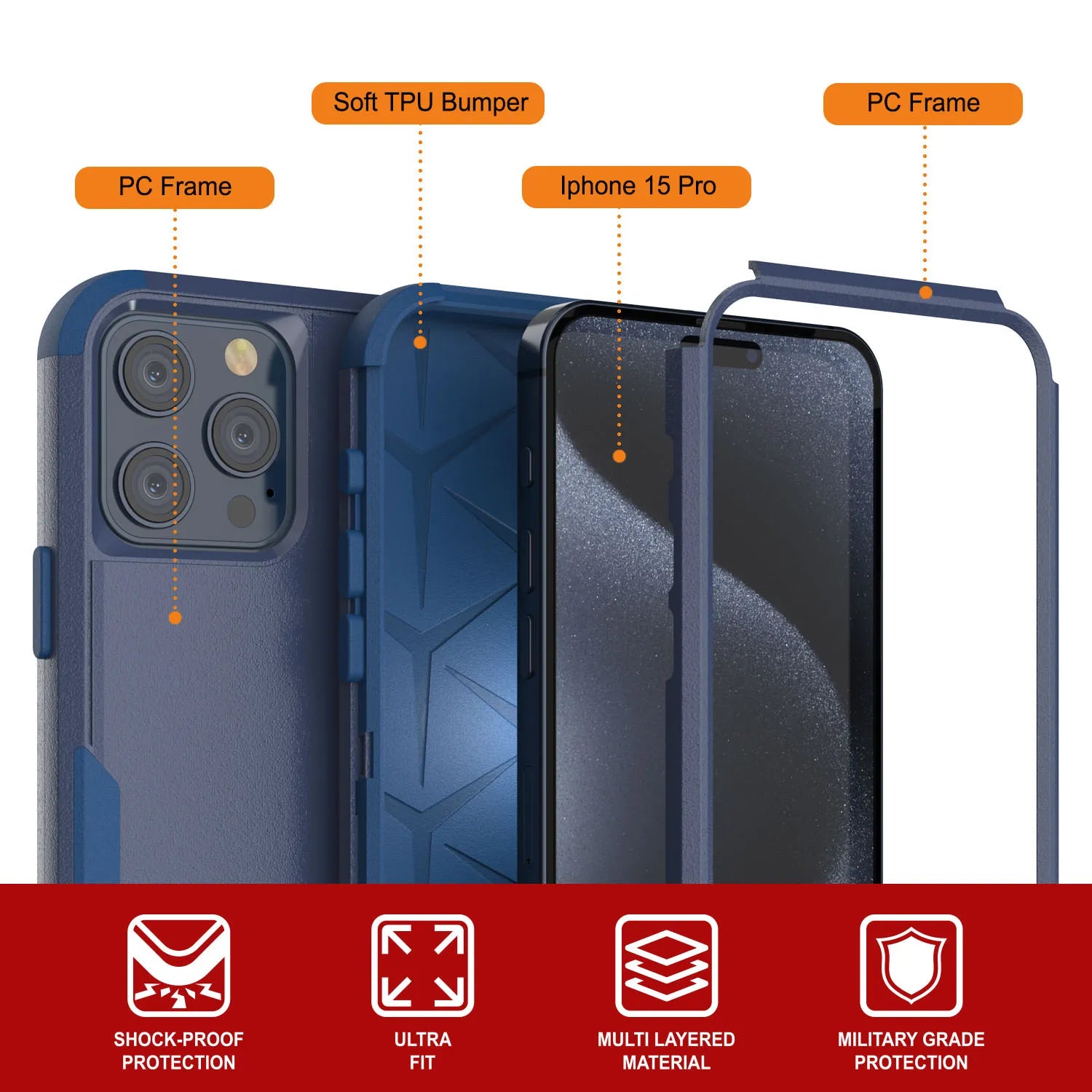 Punkcase for iPhone 15 Pro Belt Clip Multilayer Holster Case [Patron Series] [Navy]