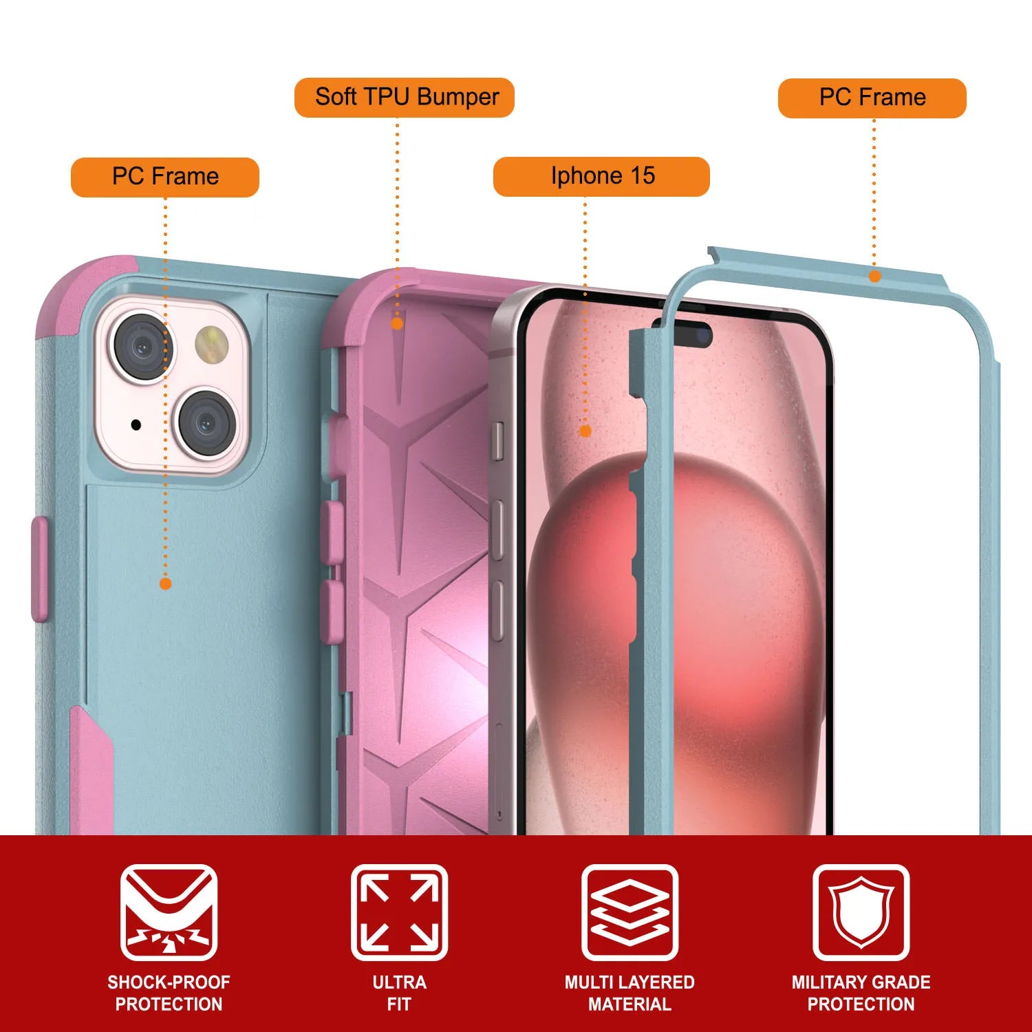 Punkcase for iPhone 15 Belt Clip Multilayer Holster Case [Patron Series] [Mint-Pink]