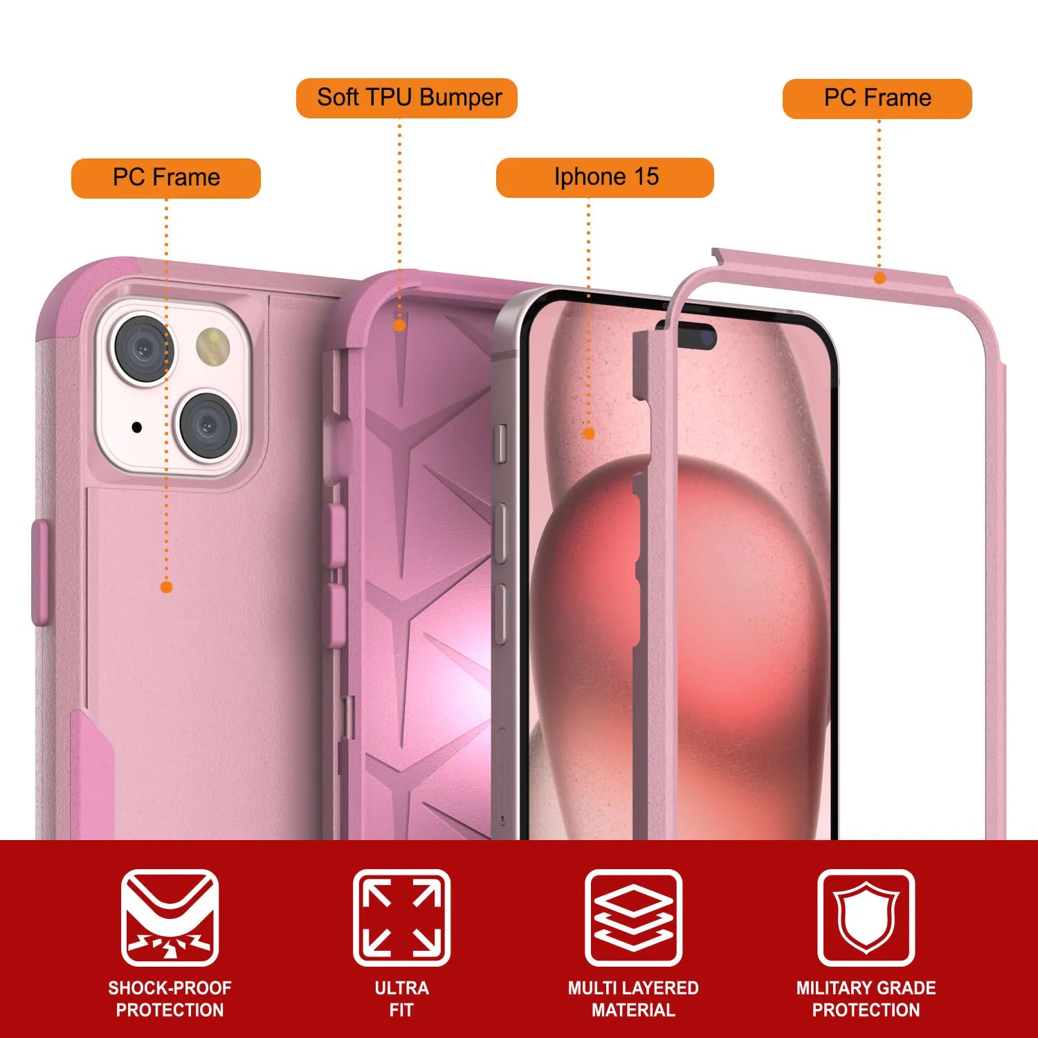 Punkcase for iPhone 15 Belt Clip Multilayer Holster Case [Patron Series] [Pink]