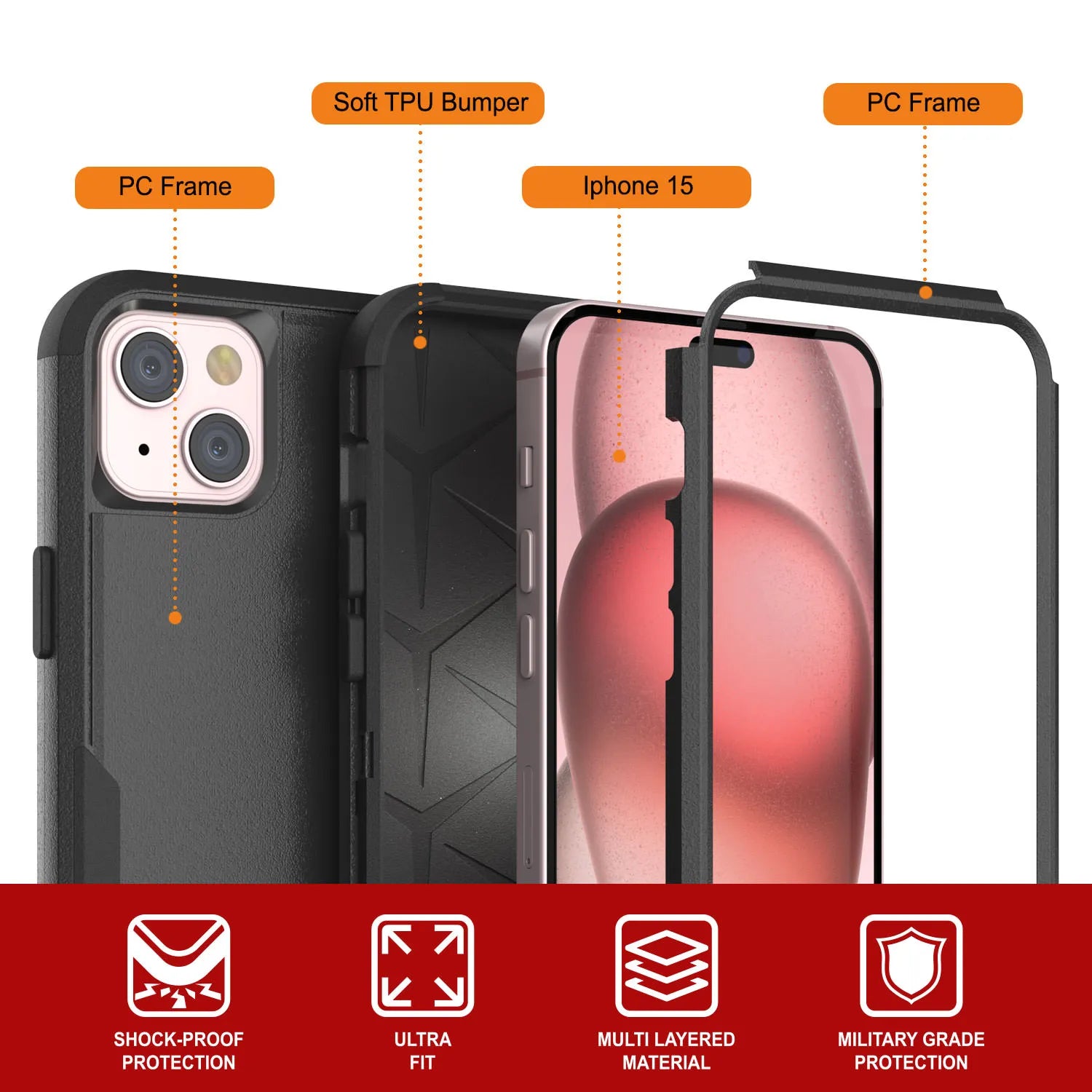 Punkcase for iPhone 15 Belt Clip Multilayer Holster Case [Patron Series] [Black]