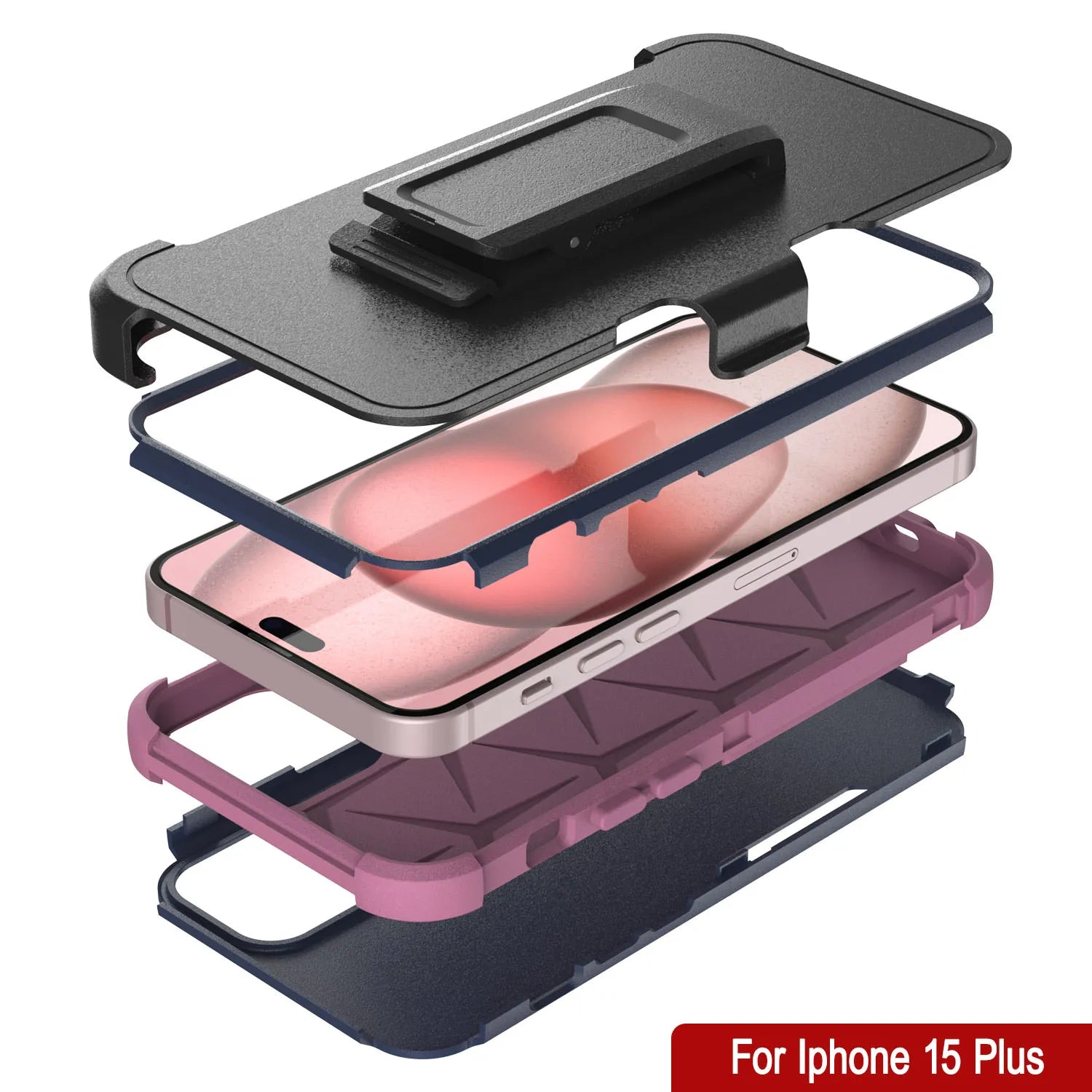 Punkcase for iPhone 15 Plus Belt Clip Multilayer Holster Case [Patron Series] [Navy Pink]
