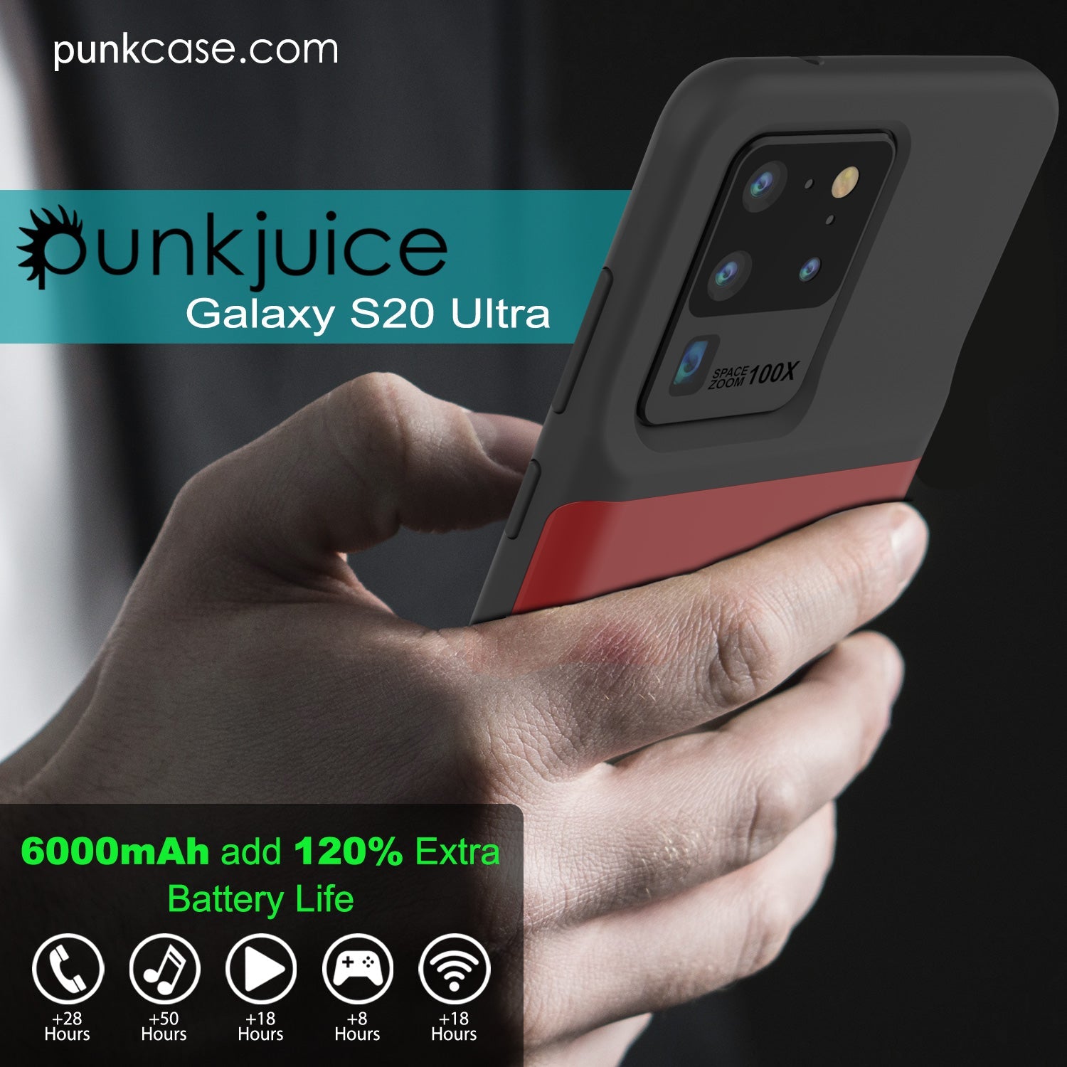 PunkJuice S20 Ultra Battery Case Red - Fast Charging Power Juice Bank with 6000mAh