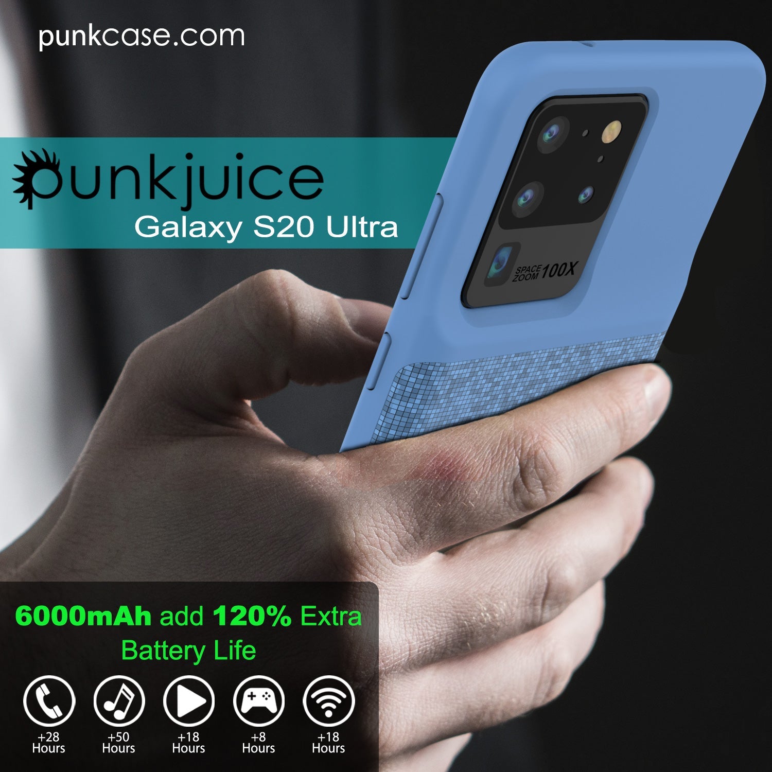 PunkJuice S20 Ultra Battery Case Patterned Blue - Fast Charging Power Juice Bank with 6000mAh