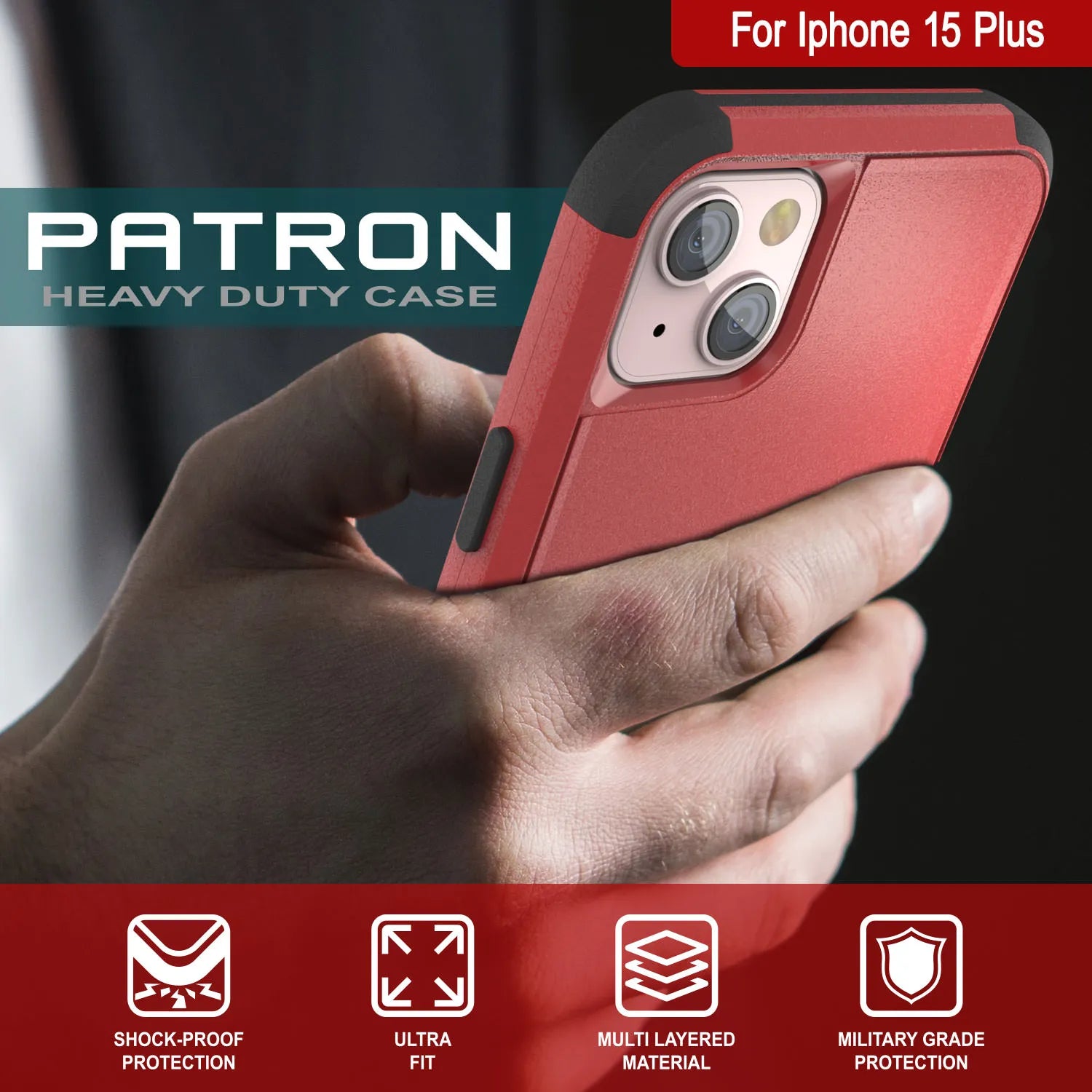Punkcase for iPhone 15 Plus Belt Clip Multilayer Holster Case [Patron Series] [Red-Black]