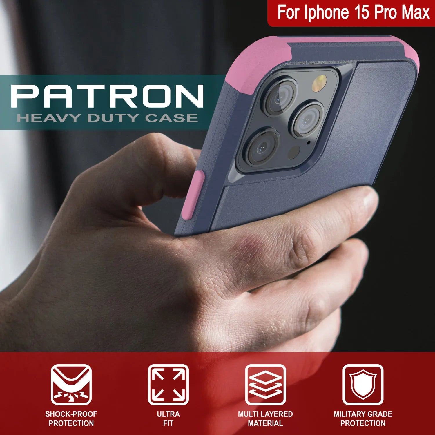 Punkcase for iPhone 15 Pro Max Belt Clip Multilayer Holster Case [Patron Series] [Navy Pink]