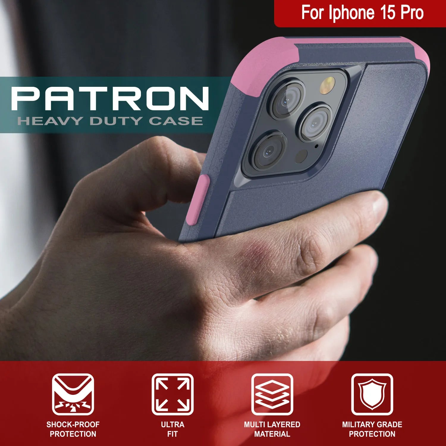 Punkcase for iPhone 15 Pro Belt Clip Multilayer Holster Case [Patron Series] [Navy Pink]