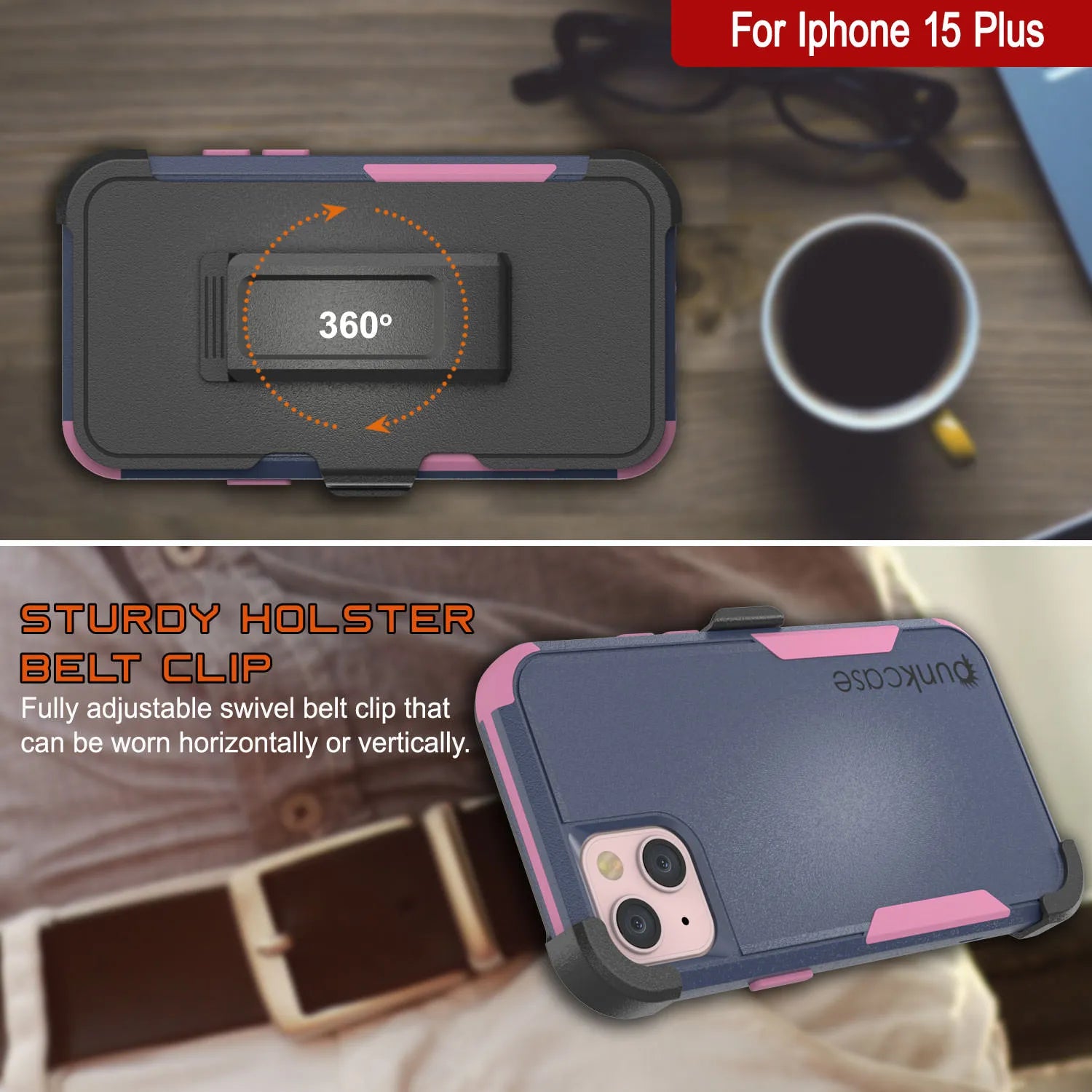 Punkcase for iPhone 15 Plus Belt Clip Multilayer Holster Case [Patron Series] [Navy Pink]