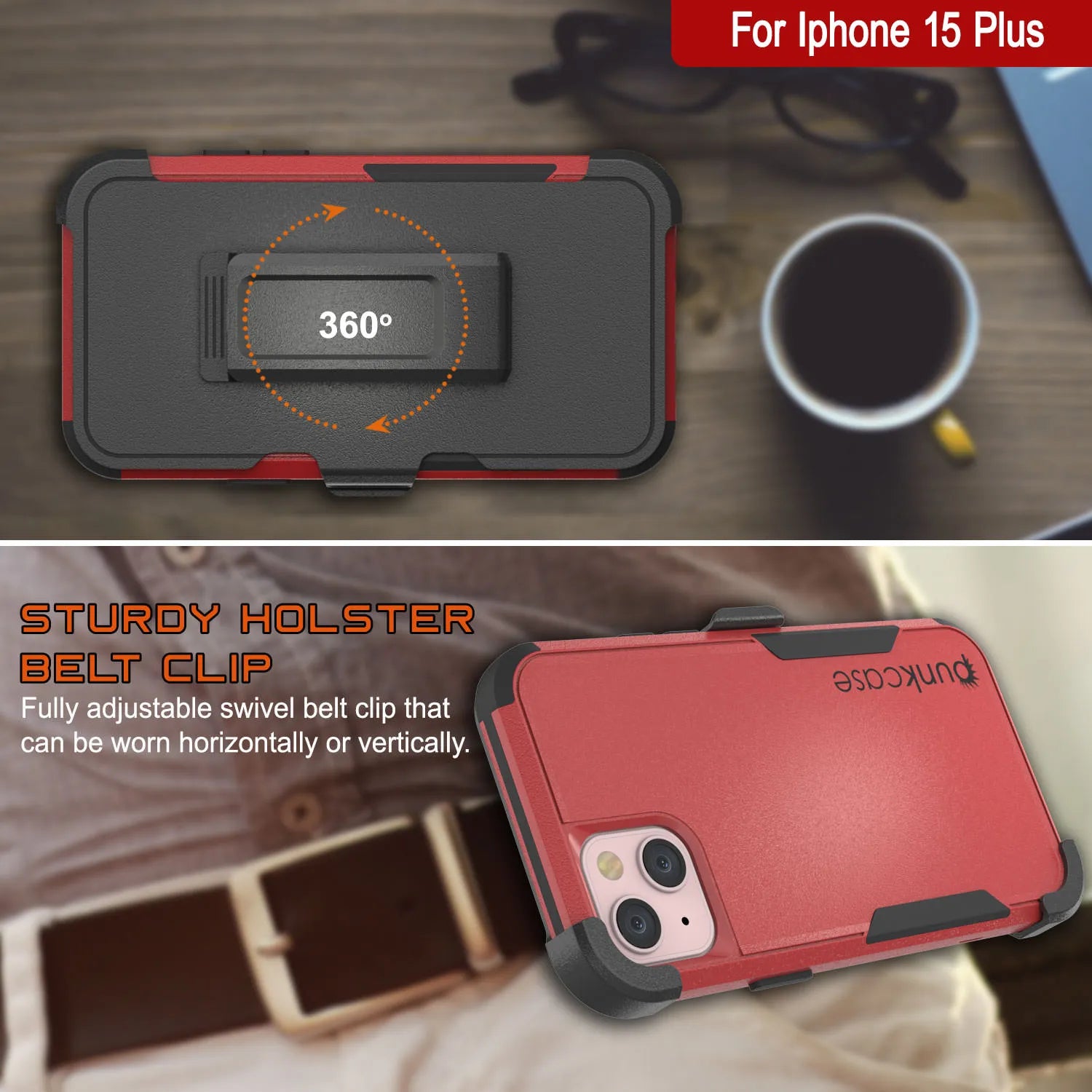 Punkcase for iPhone 15 Plus Belt Clip Multilayer Holster Case [Patron Series] [Red-Black]