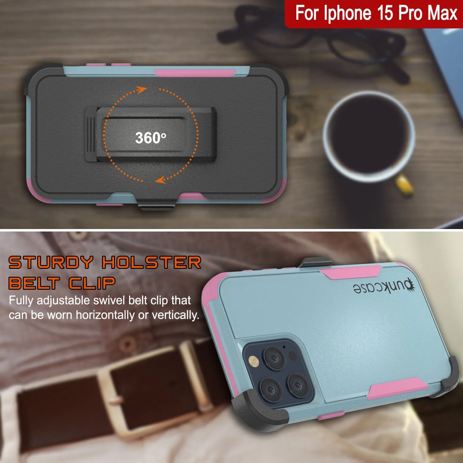 Punkcase for iPhone 15 Pro Max Belt Clip Multilayer Holster Case [Patron Series] [Mint-Pink]