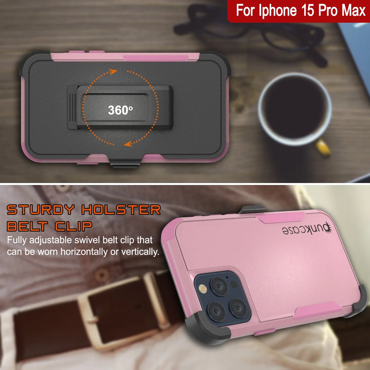 Punkcase for iPhone 15 Pro Max Belt Clip Multilayer Holster Case [Patron Series] [Pink]