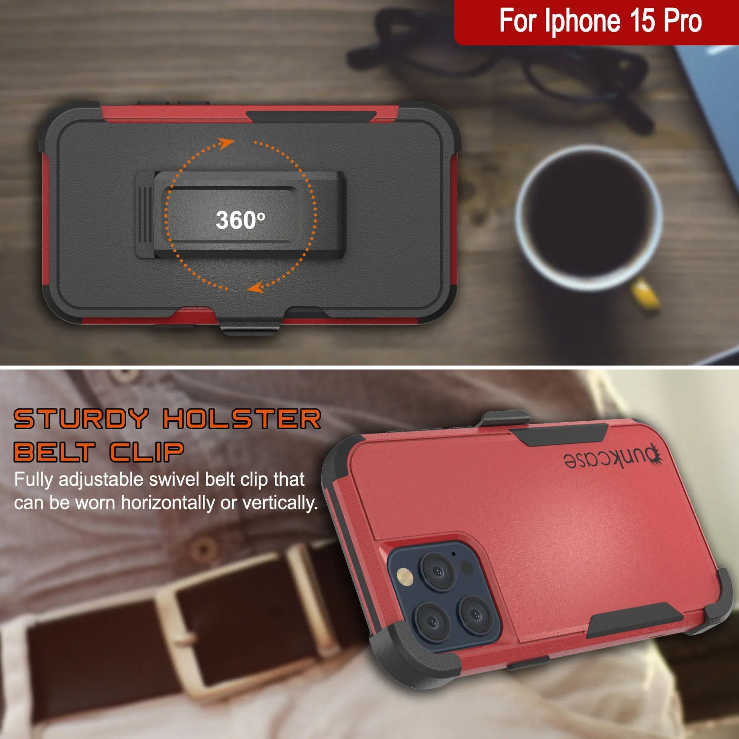 Punkcase for iPhone 15 Pro Belt Clip Multilayer Holster Case [Patron Series] [Red-Black]