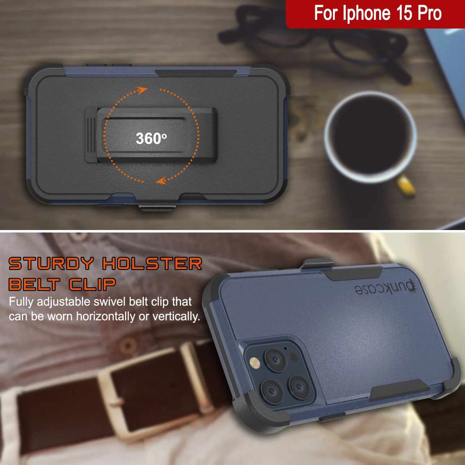 Punkcase for iPhone 15 Pro Belt Clip Multilayer Holster Case [Patron Series] [Navy Black]