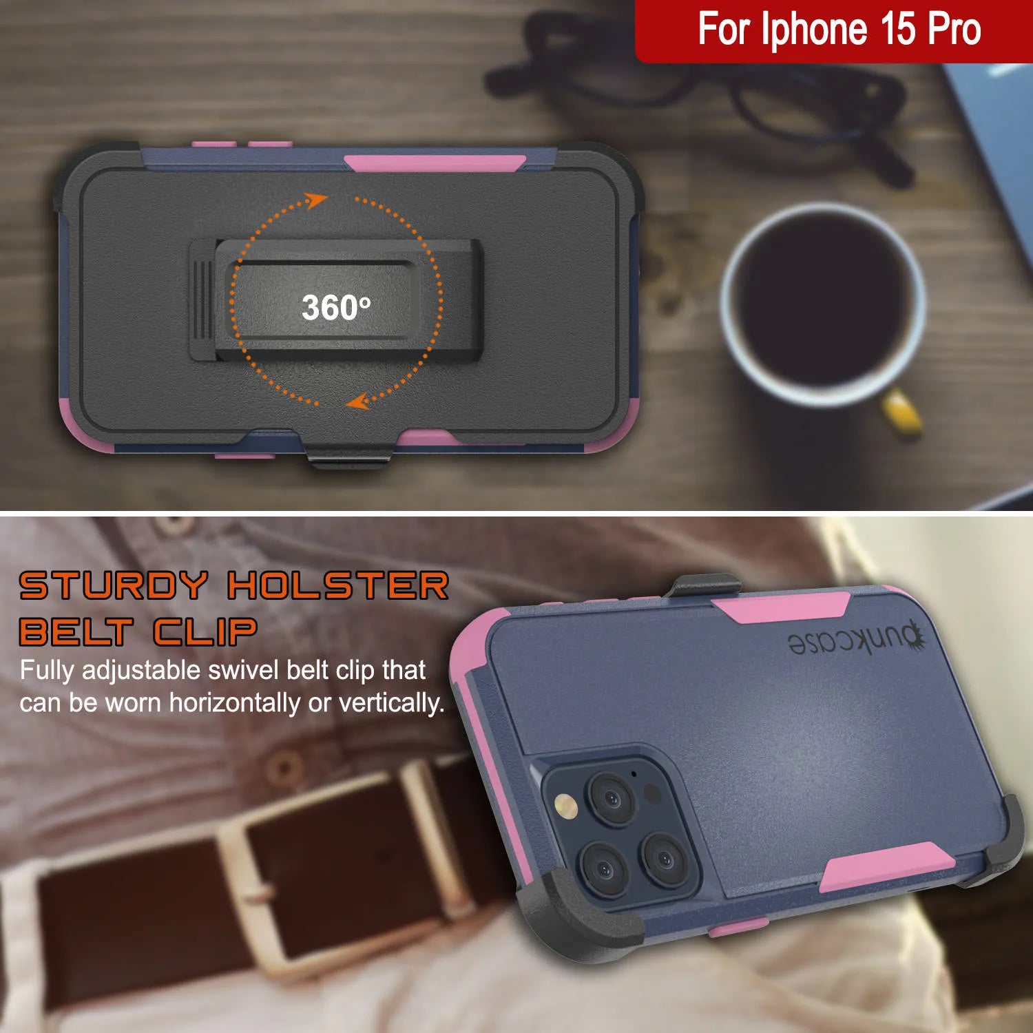 Punkcase for iPhone 15 Pro Belt Clip Multilayer Holster Case [Patron Series] [Navy Pink]