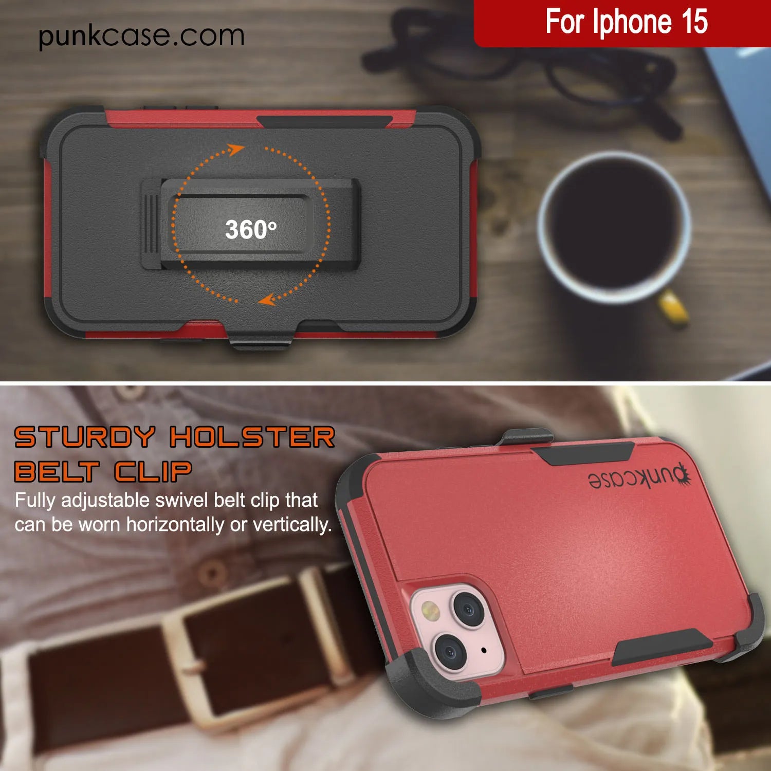Punkcase for iPhone 15 Belt Clip Multilayer Holster Case [Patron Series] [Red-Black]