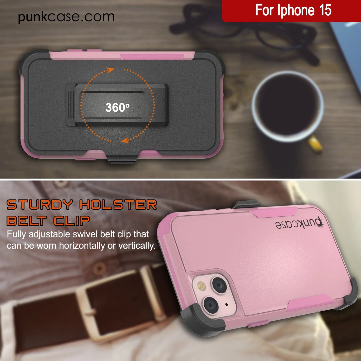Punkcase for iPhone 15 Belt Clip Multilayer Holster Case [Patron Series] [Pink]