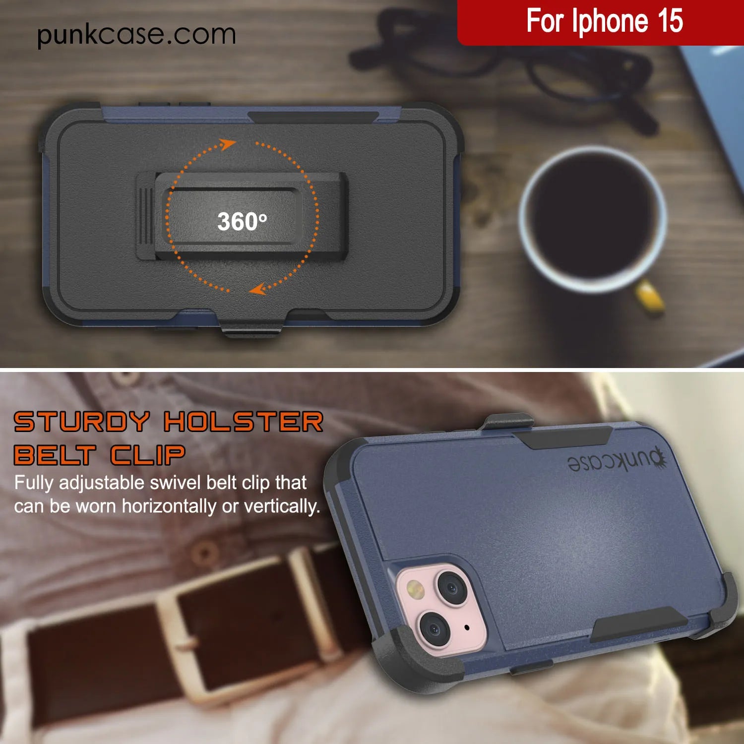 Punkcase for iPhone 15 Belt Clip Multilayer Holster Case [Patron Series] [Navy Black]