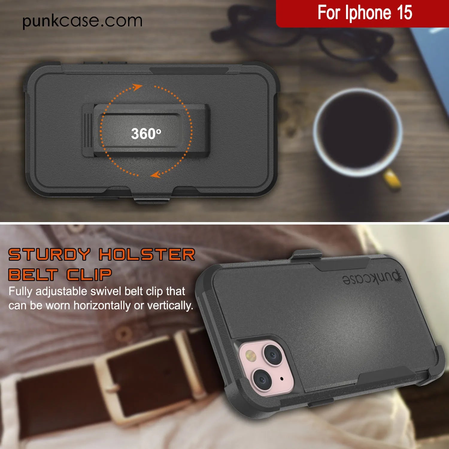 Punkcase for iPhone 15 Belt Clip Multilayer Holster Case [Patron Series] [Black]