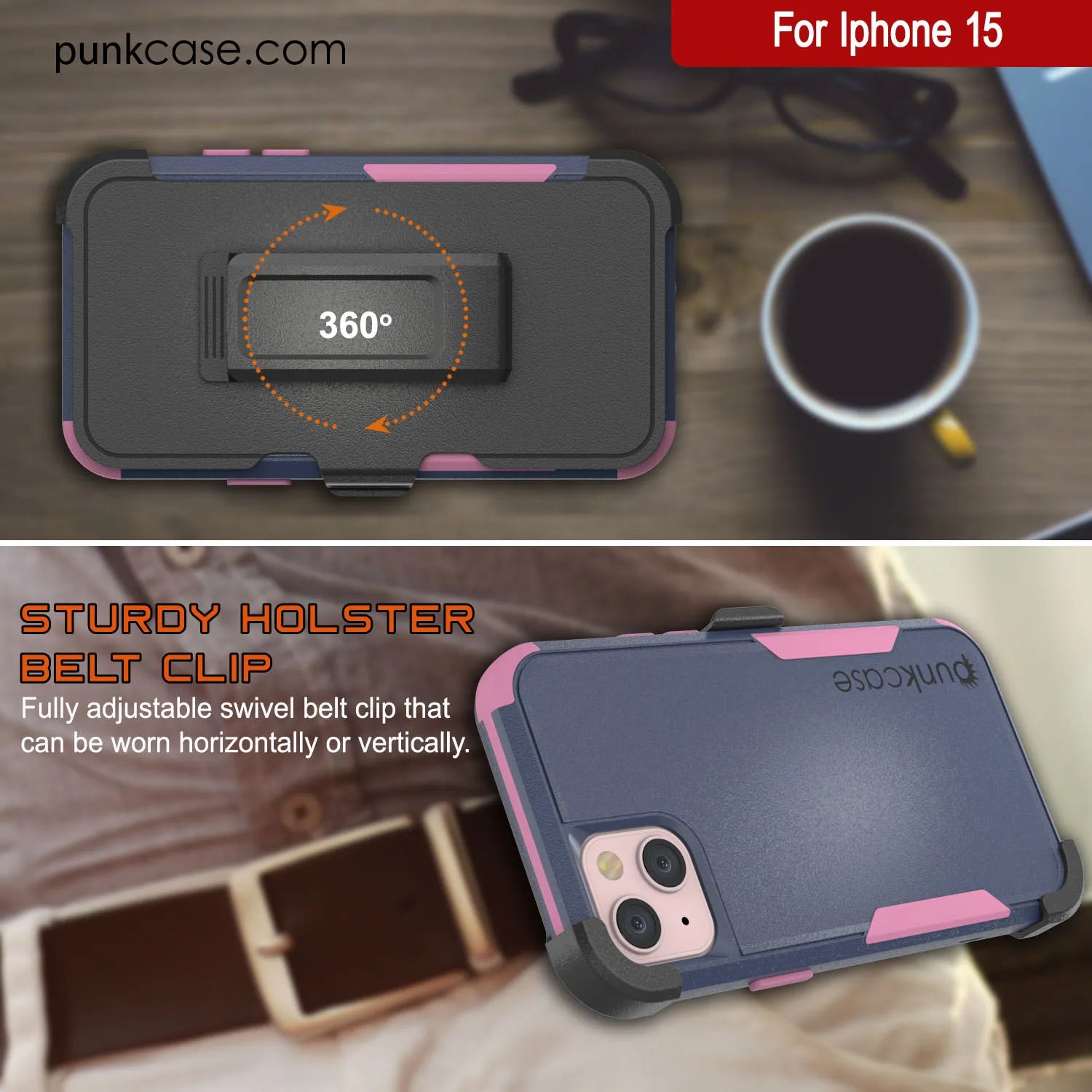 Punkcase for iPhone 15 Belt Clip Multilayer Holster Case [Patron Series] [Navy Pink]