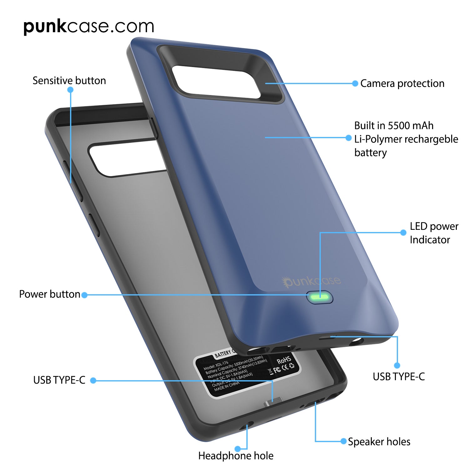 Galaxy Note 8 5000mAH Battery Charger W/ USB Port Slim Case [Blue]