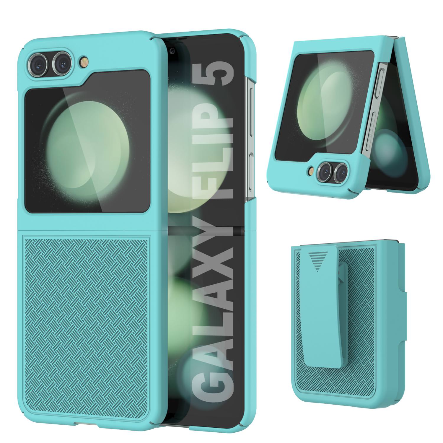 Galaxy Z Flip5 Case With Tempered Glass Screen Protector, Holster Belt Clip & Built-In Kickstand [Blue]