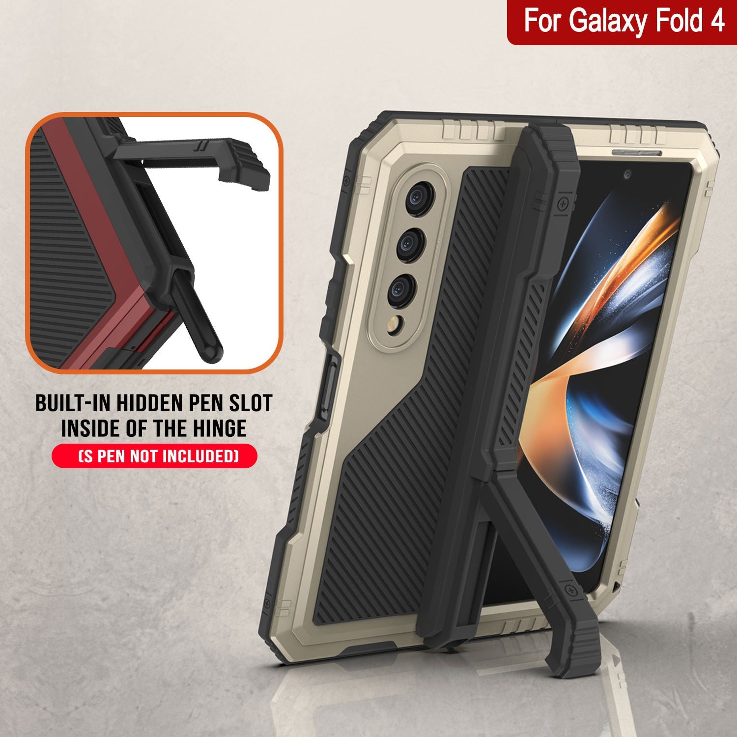 Galaxy Z Fold4 Metal Case, Heavy Duty Military Grade Armor Cover Full Body Hard [Gold]