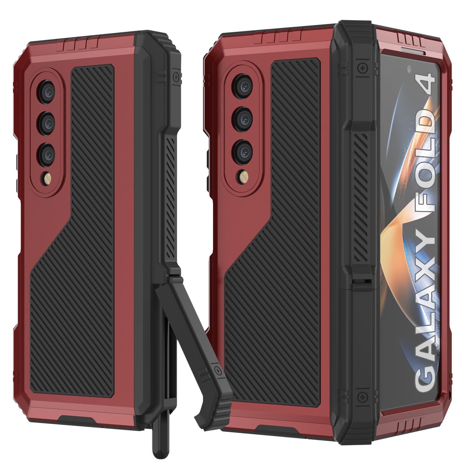 Galaxy Z Fold4 Metal Case, Heavy Duty Military Grade Armor Cover Full Body Hard [Red]