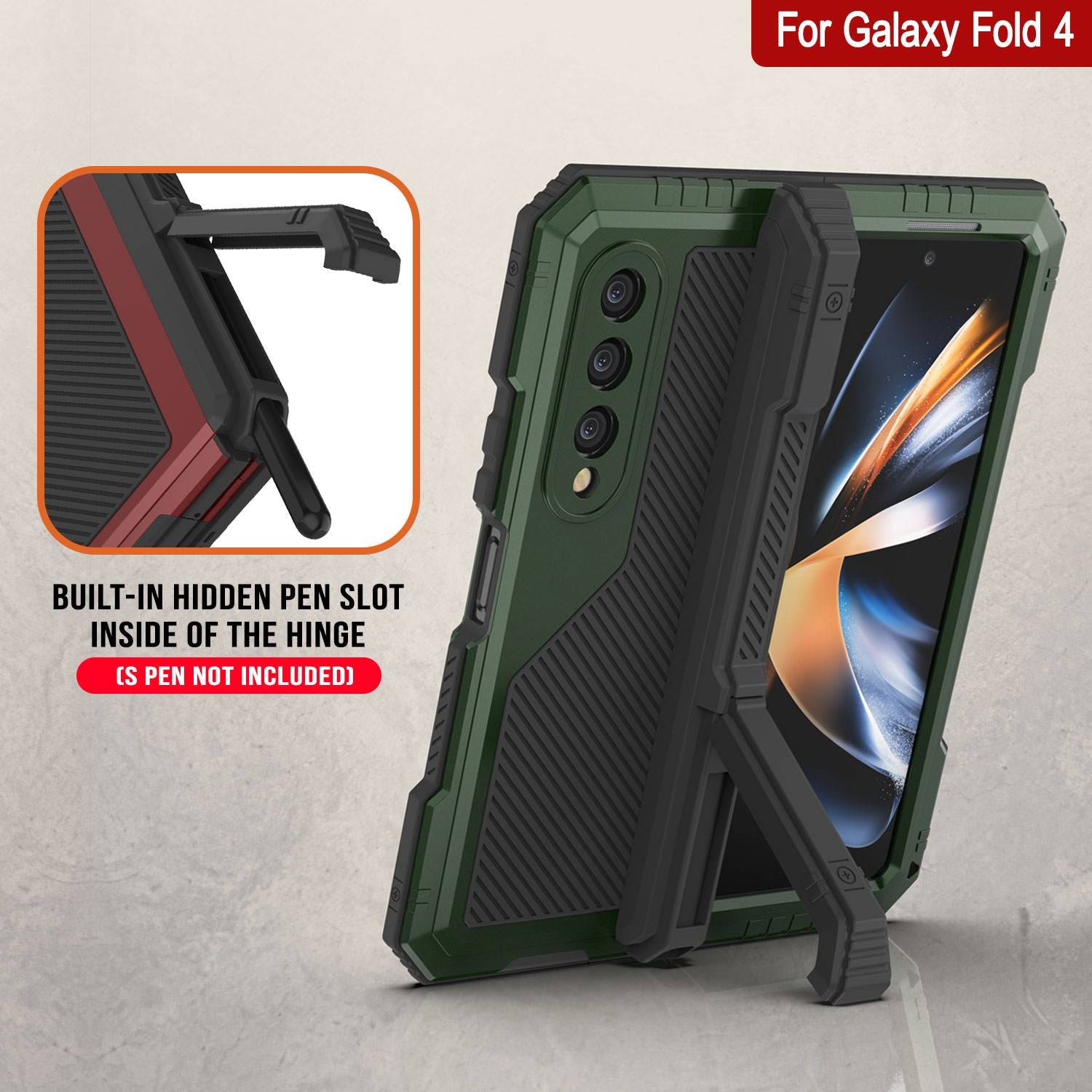 Galaxy Z Fold4 Metal Case, Heavy Duty Military Grade Armor Cover Full Body Hard [Dark Green]