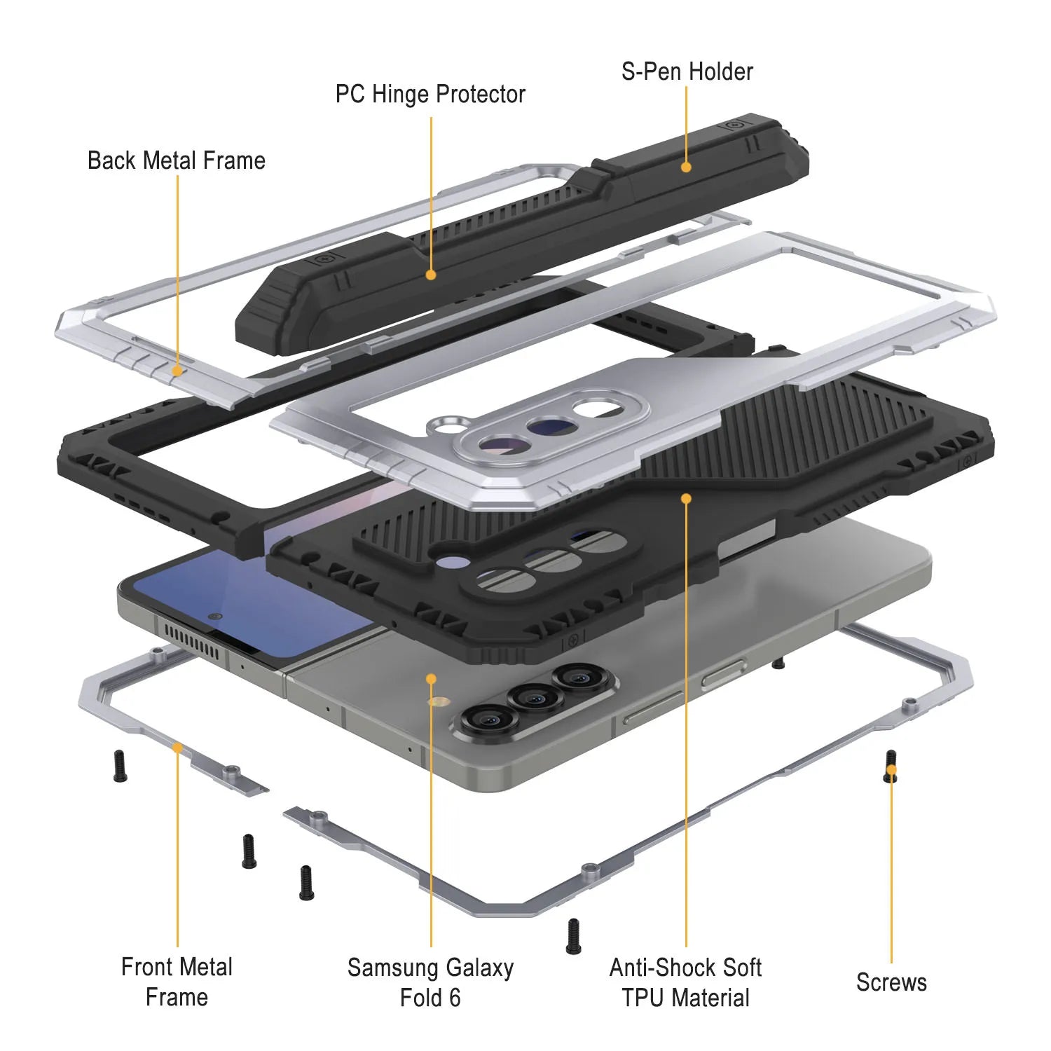 Galaxy Z Fold6 Metal Case, Heavy Duty Military Grade Armor Cover Full Body Hard [White]