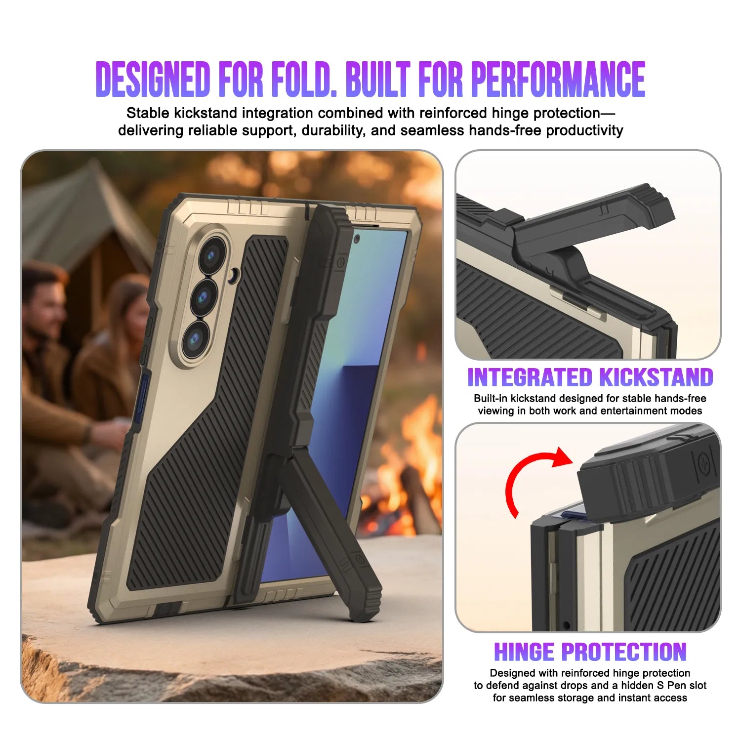 Galaxy Z Fold7 Metal Case, Heavy Duty Military Grade Armor Cover Full Body Hard [Gold]