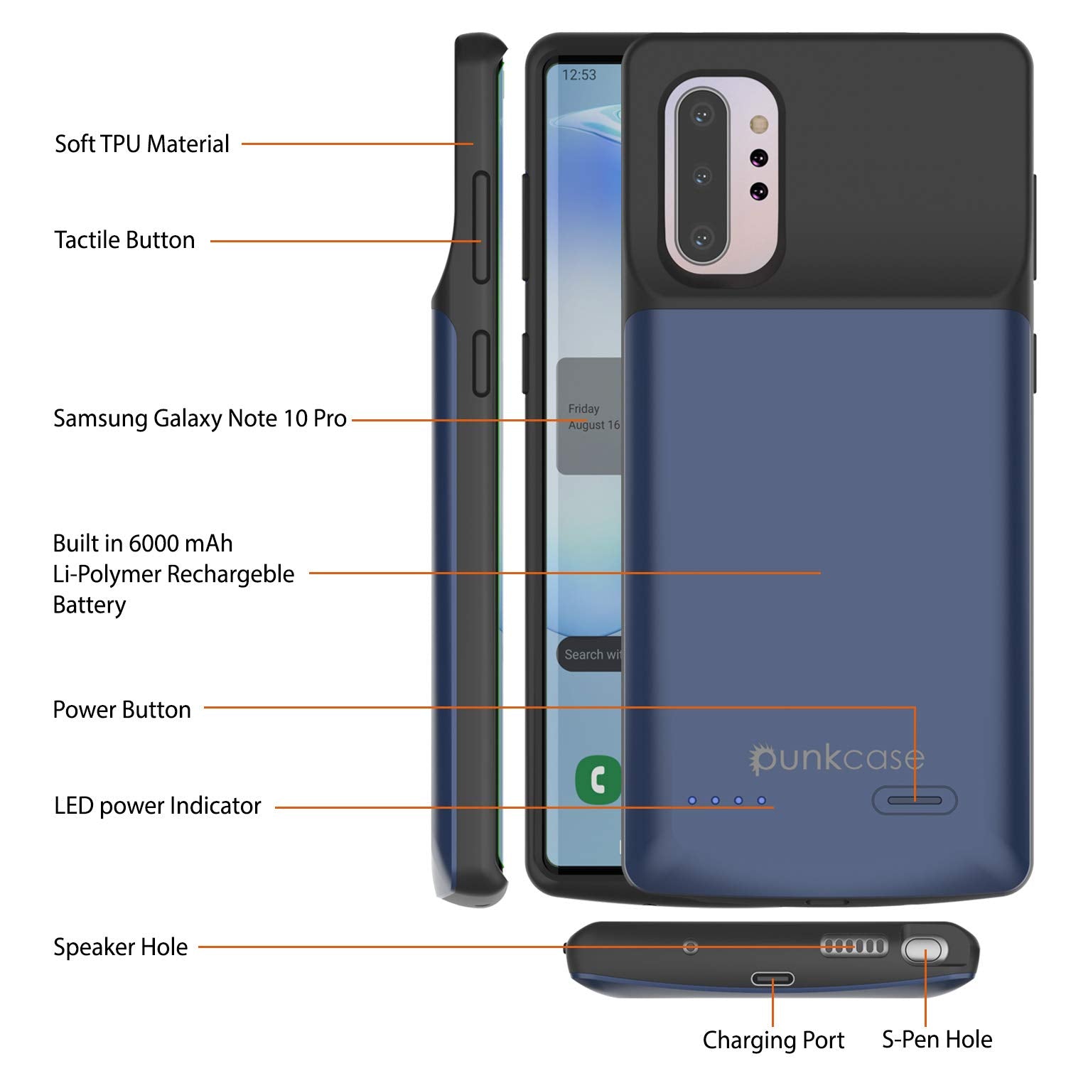 Galaxy Note 10+ Plus 6000mAH Battery Charger W/ USB Port Slim Case [Blue]