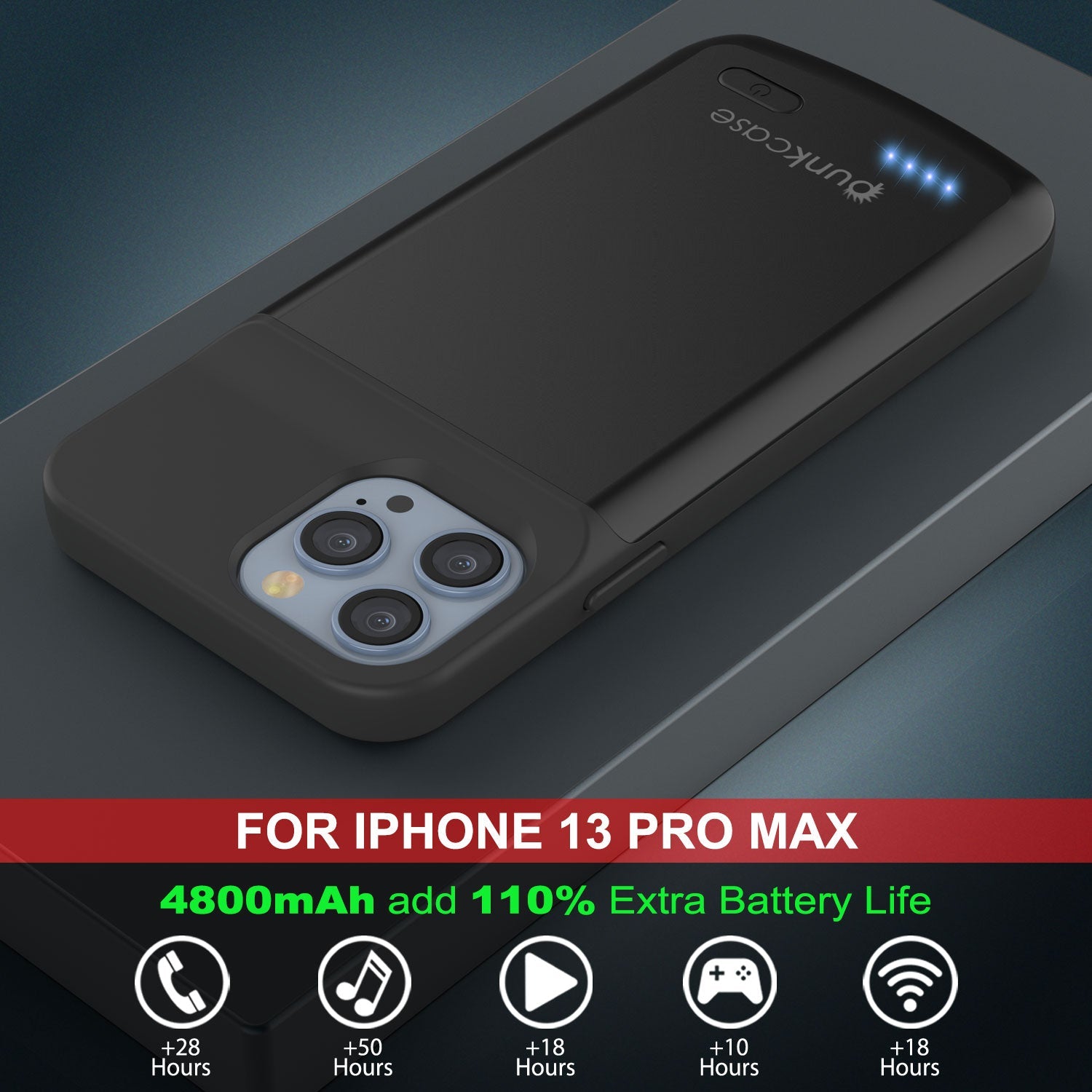 iPhone 13 Pro Max Battery Case, PunkJuice 4800mAH Fast Charging Power Bank W/ Screen Protector | [Black]