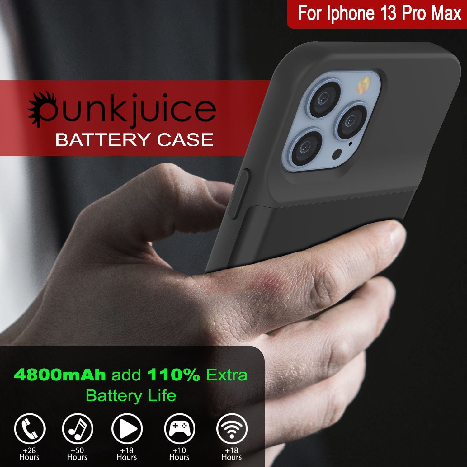 iPhone 13 Pro Max Battery Case, PunkJuice 4800mAH Fast Charging Power Bank W/ Screen Protector | [Black]