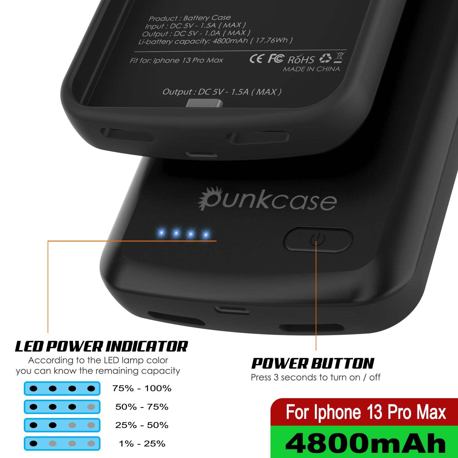 iPhone 13 Pro Max Battery Case, PunkJuice 4800mAH Fast Charging Power Bank W/ Screen Protector | [Black]