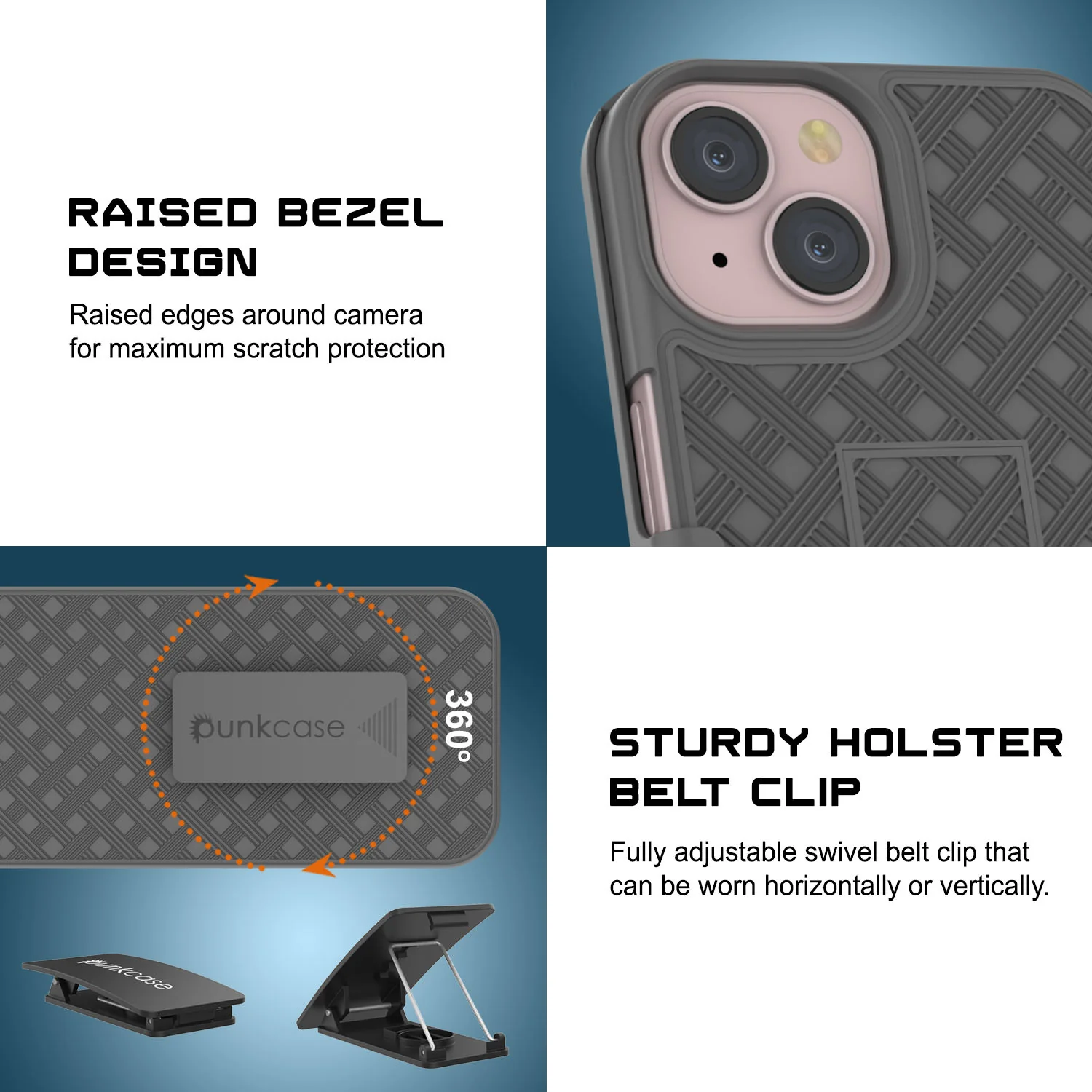 iPhone 15 Case With Tempered Glass Screen Protector, Holster Belt Clip & Built-In Kickstand [Grey]