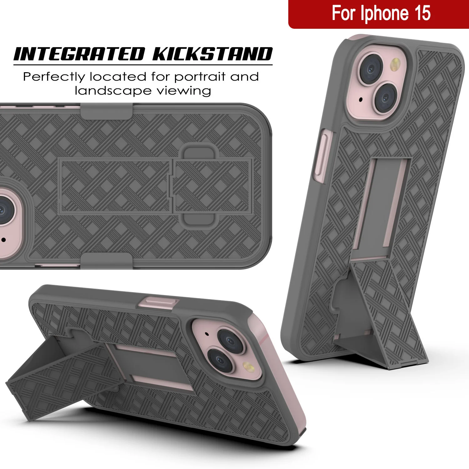 iPhone 15 Case With Tempered Glass Screen Protector, Holster Belt Clip & Built-In Kickstand [Grey]