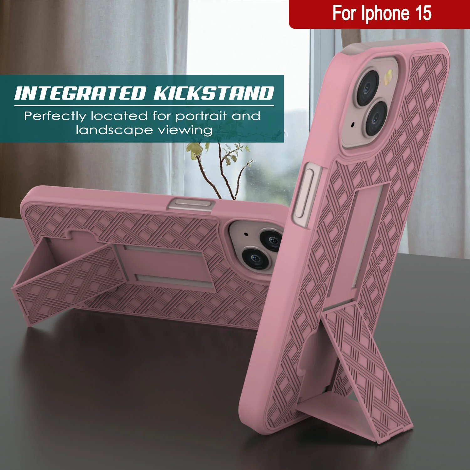 iPhone 15 Case With Tempered Glass Screen Protector, Holster Belt Clip & Built-In Kickstand [Pink]