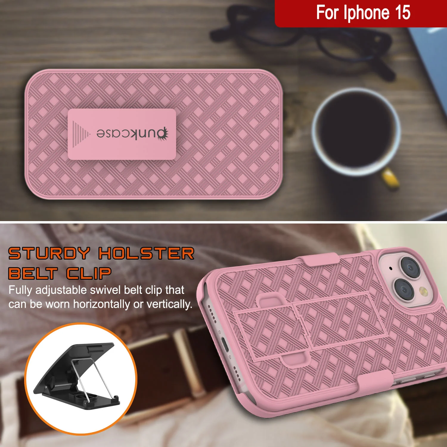 iPhone 15 Case With Tempered Glass Screen Protector, Holster Belt Clip & Built-In Kickstand [Pink]