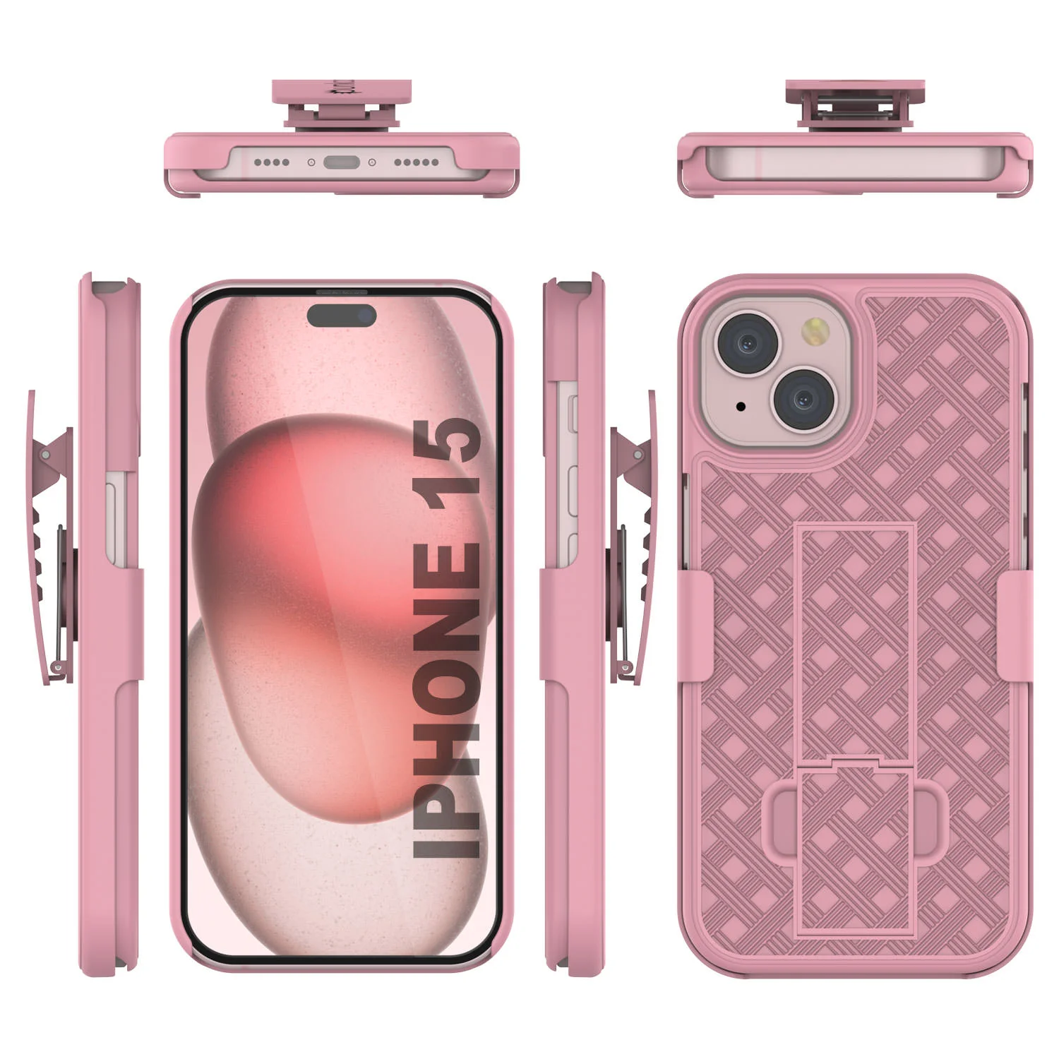 iPhone 15 Case With Tempered Glass Screen Protector, Holster Belt Clip & Built-In Kickstand [Pink]