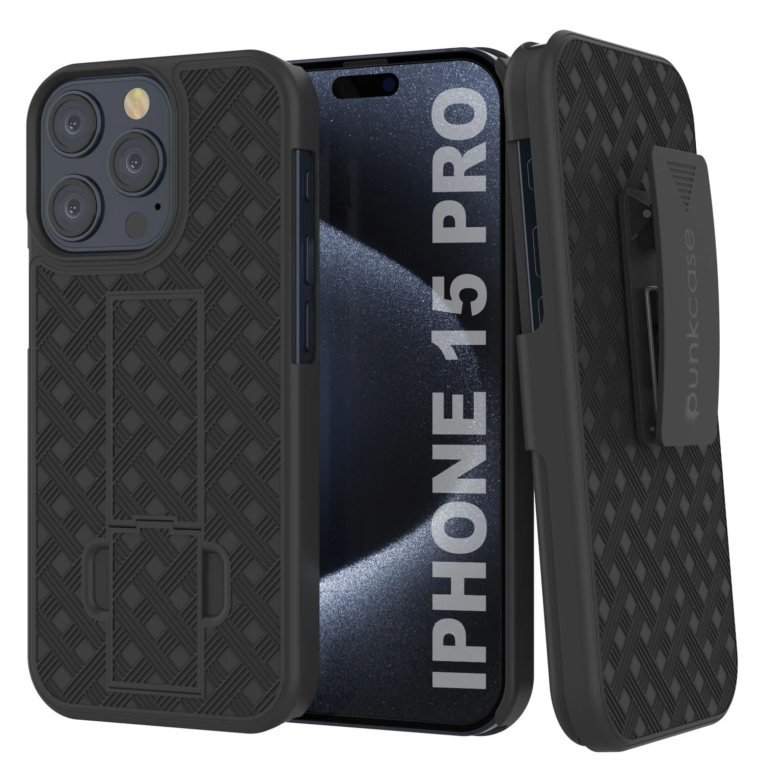iPhone 15 Pro Case With Tempered Glass Screen Protector, Holster Belt Clip & Built-In Kickstand [Black]