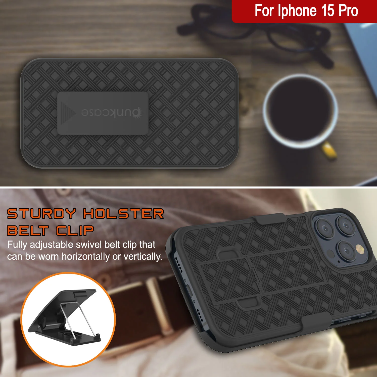 iPhone 15 Pro Case With Tempered Glass Screen Protector, Holster Belt Clip & Built-In Kickstand [Black]