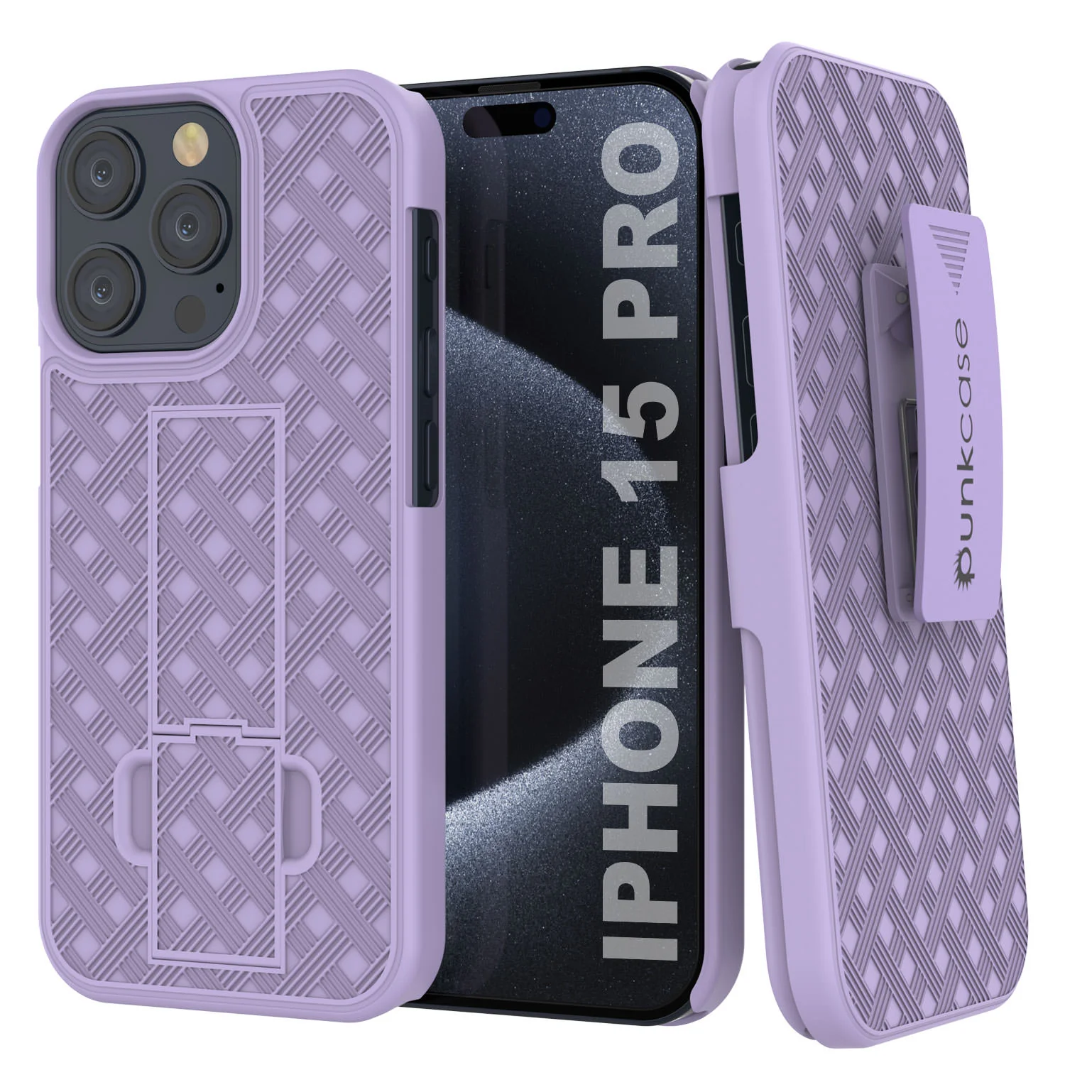 iPhone 15 Pro Case With Tempered Glass Screen Protector, Holster Belt Clip & Built-In Kickstand [Lilac]