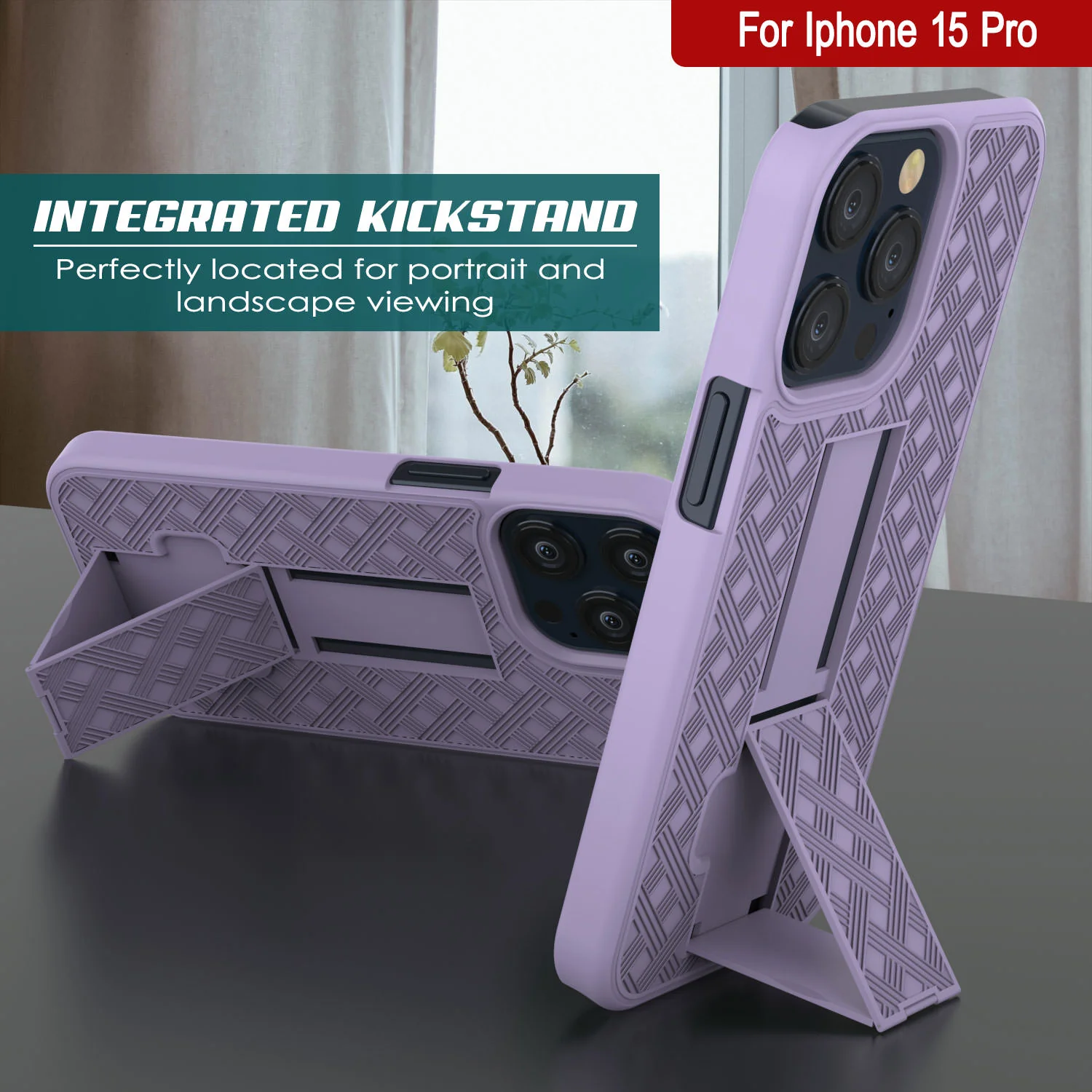 iPhone 15 Pro Case With Tempered Glass Screen Protector, Holster Belt Clip & Built-In Kickstand [Lilac]