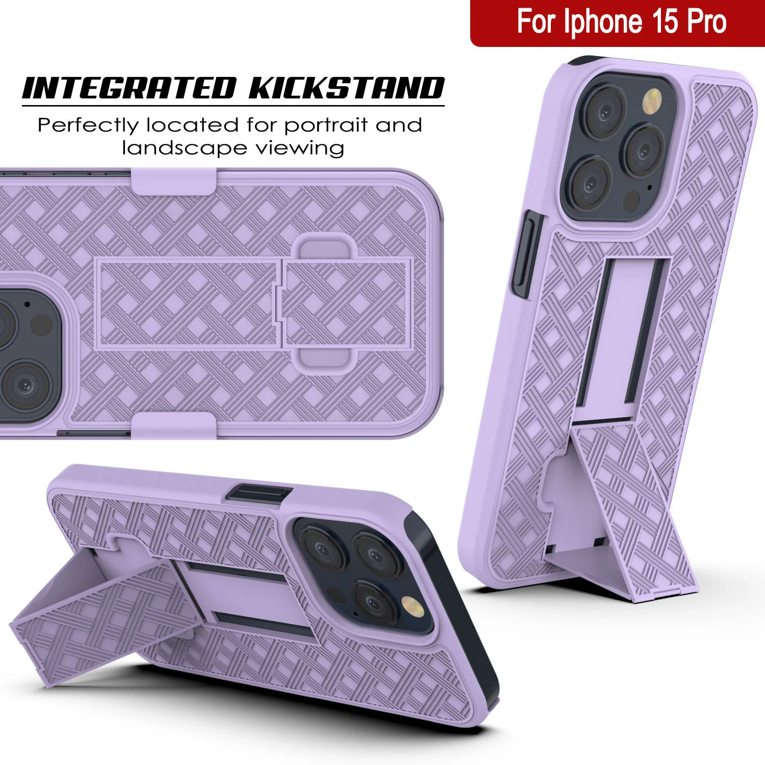 iPhone 15 Pro Case With Tempered Glass Screen Protector, Holster Belt Clip & Built-In Kickstand [Lilac]