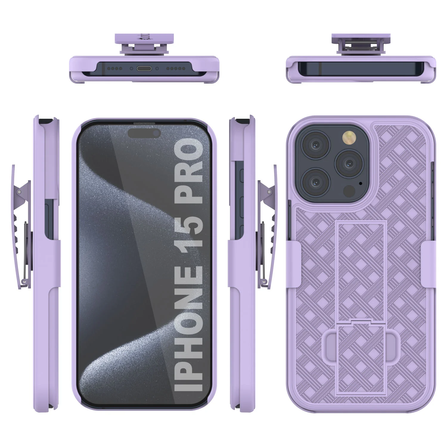 iPhone 15 Pro Case With Tempered Glass Screen Protector, Holster Belt Clip & Built-In Kickstand [Lilac]