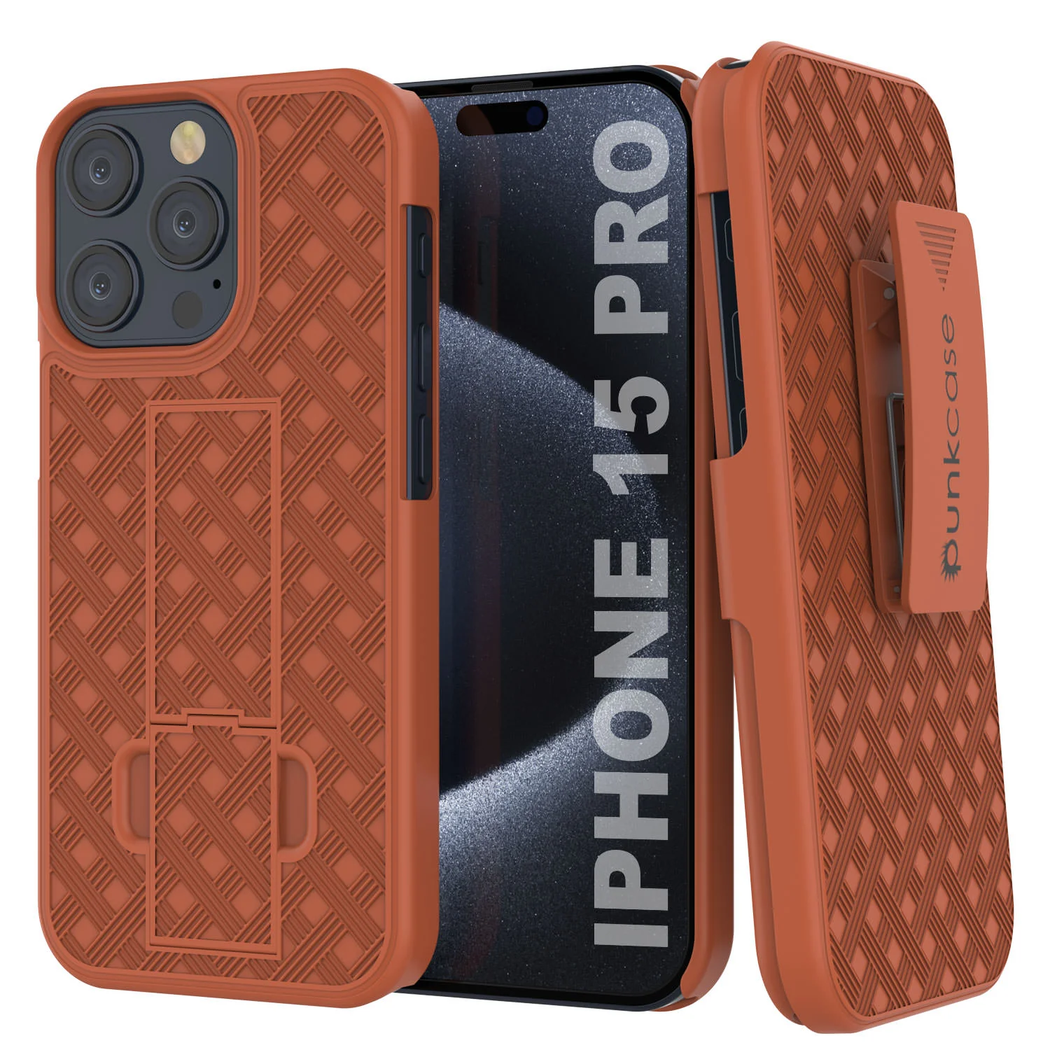 iPhone 15 Pro Case With Tempered Glass Screen Protector, Holster Belt Clip & Built-In Kickstand [Orange]