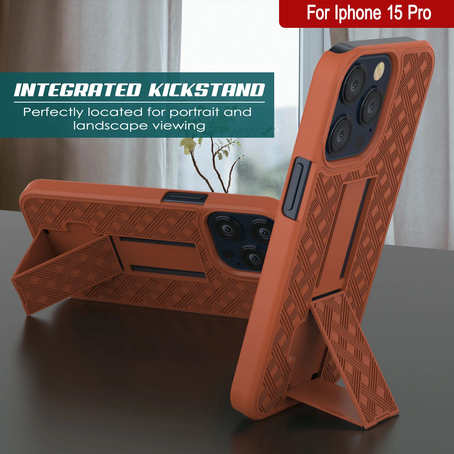 iPhone 15 Pro Case With Tempered Glass Screen Protector, Holster Belt Clip & Built-In Kickstand [Orange]
