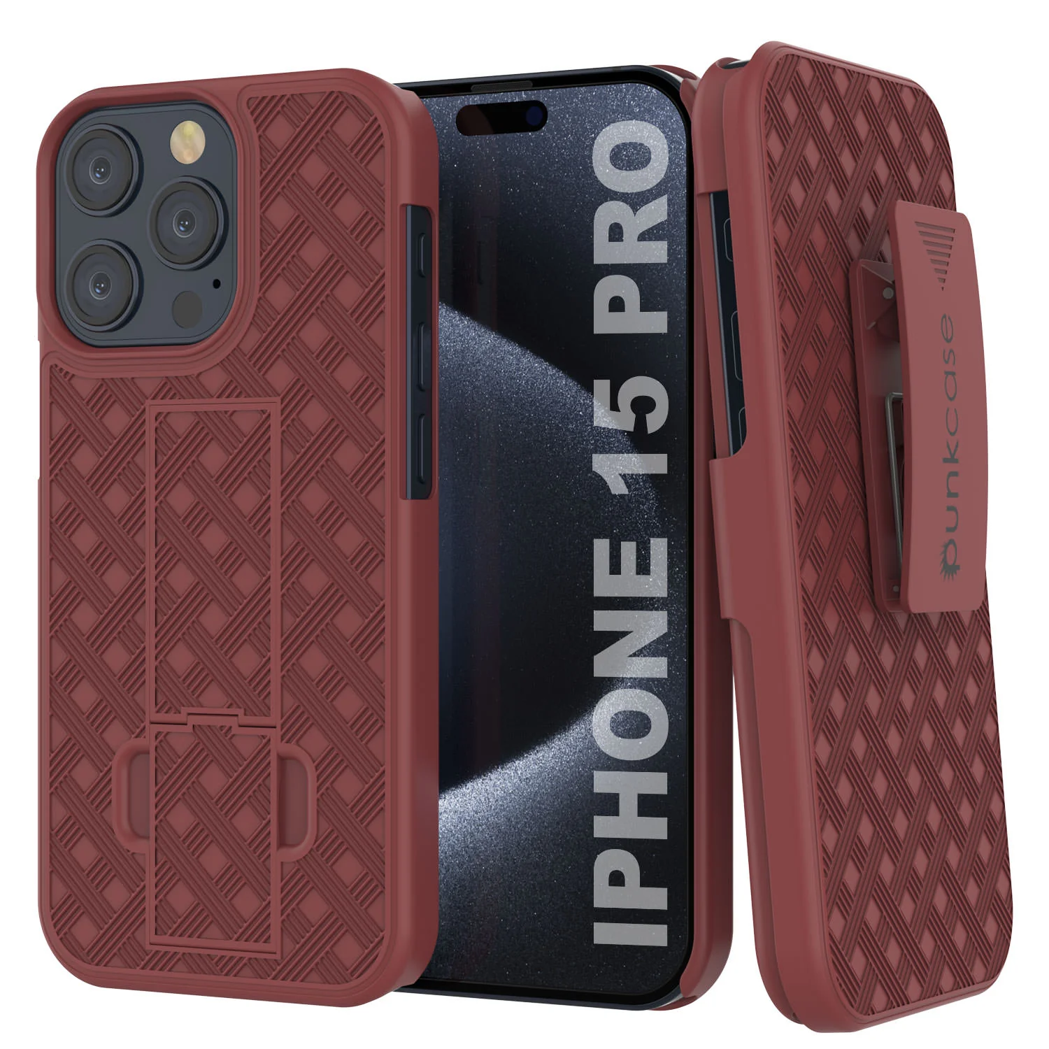 iPhone 15 Pro Case With Tempered Glass Screen Protector, Holster Belt Clip & Built-In Kickstand [Red]